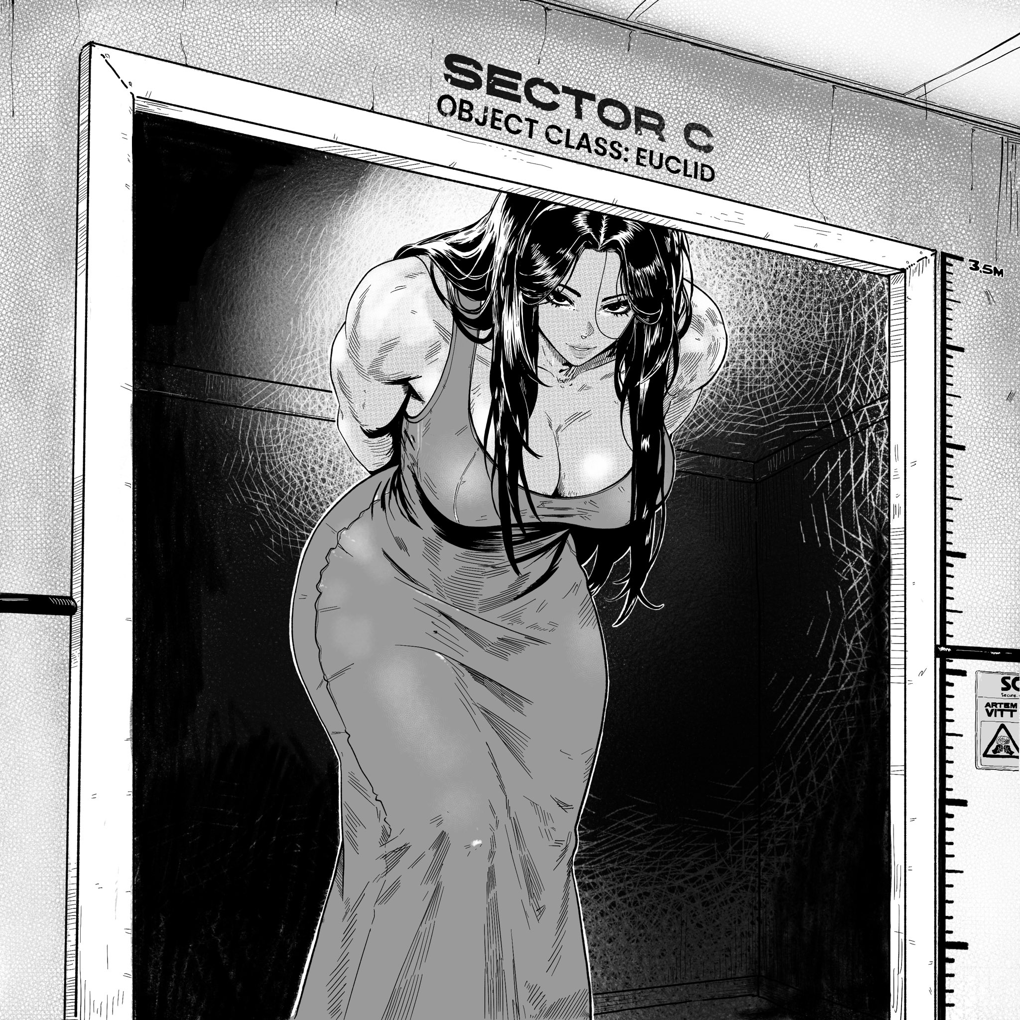 1girls, artemvitt, bedroom eyes, big breasts, black eyes, black hair, dress, female focus, female only, greyscale, hasshaku-sama, long hair, looking at viewer, monochrome, muscles, muscular female, scp foundation, tall female
