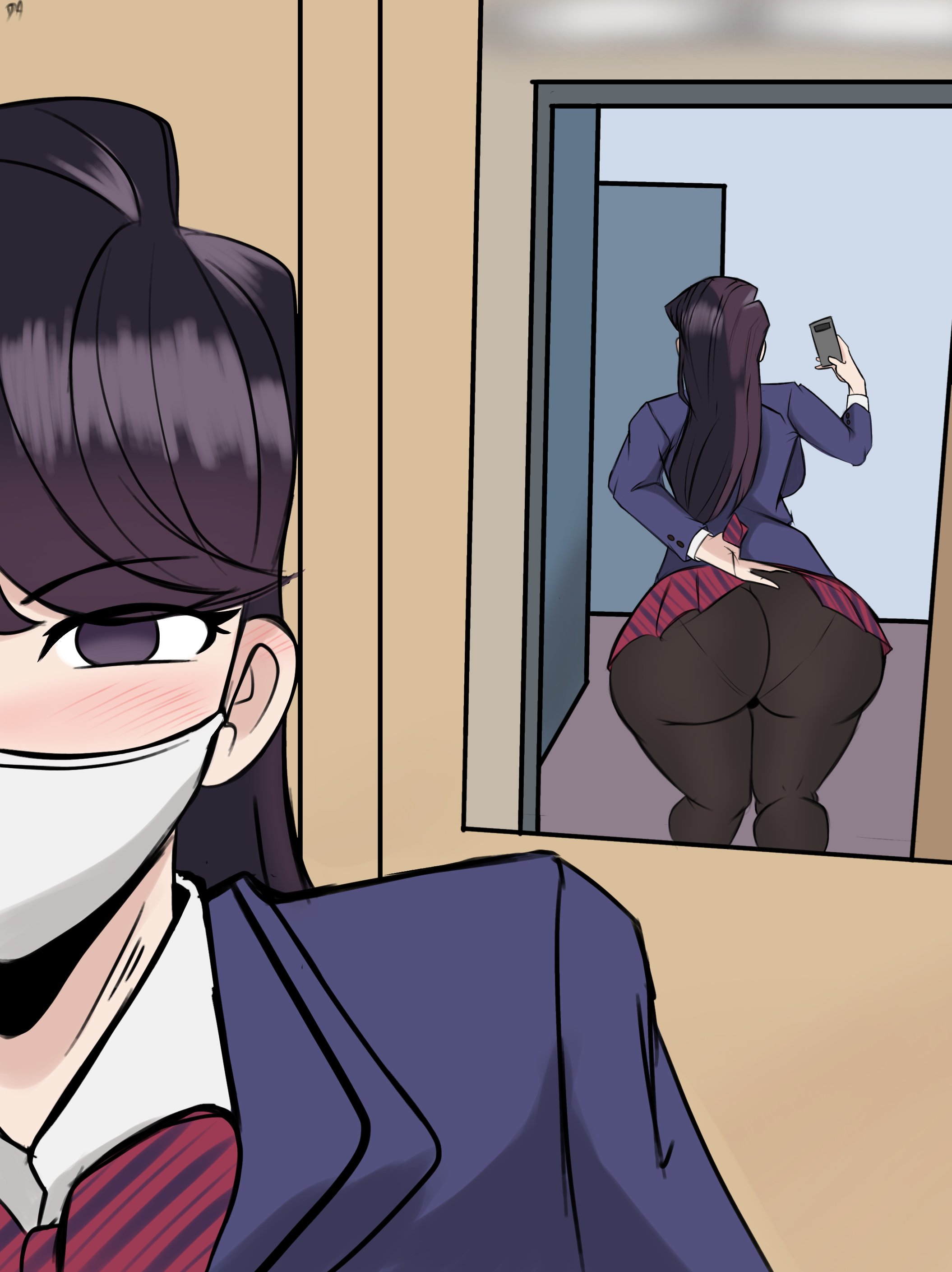 ass, black hair, dynamic arts, facemask, fat ass, female, huge ass, komi shouko, komi-san wa komyushou desu, mirror reflection, mirror selfie, panties, panties under pantyhose, pantylines, purple hair, school uniform, selfie, showing ass, skirt, skirt lift, skirt up, solo, tagme, underwear