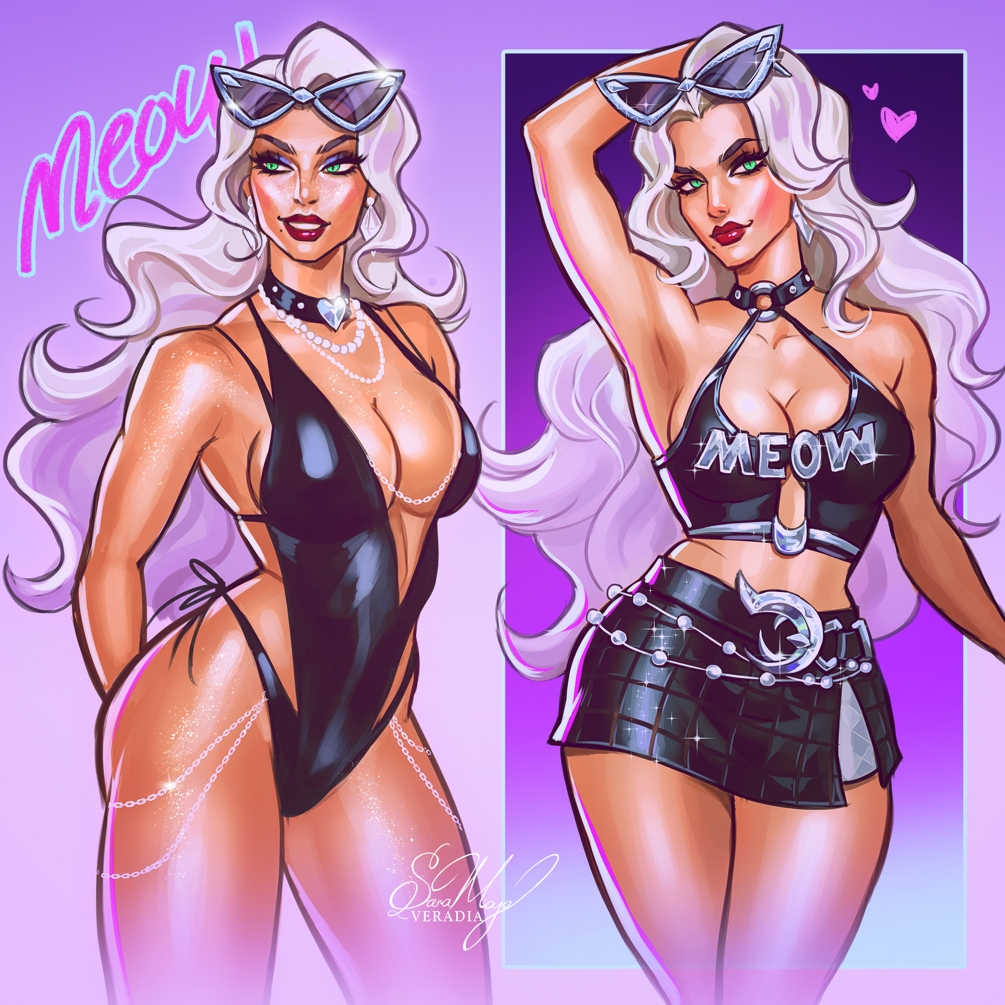 1girl, 2026, 2d, alluring, big breasts, black cat (marvel rivals), black cat (marvel), black cat (urban predator), breasts, choker, clothed, collar, color, colored, curvaceous, curvaceous body, curvaceous female, curvaceous figure, curvaceous hips, curvy, curvy body, curvy female, curvy figure, curvy hips, enticing, eyeshadow, felicia hardy, female, fully clothed, green eyes, hips, hourglass figure, light skin, light-skinned female, looking at viewer, marvel, marvel comics, marvel rivals, necklace, pearl necklace, pinup, red lipstick, seducing, seductive, seductive look, solo, spider-man (series), sunglasses, superheroine, swimsuit, swimwear, teasing, teasing viewer, temptation, tempting, tempting viewer, thick breasts, thick lips, veradia, voluptuous, voluptuous female, waist, white hair