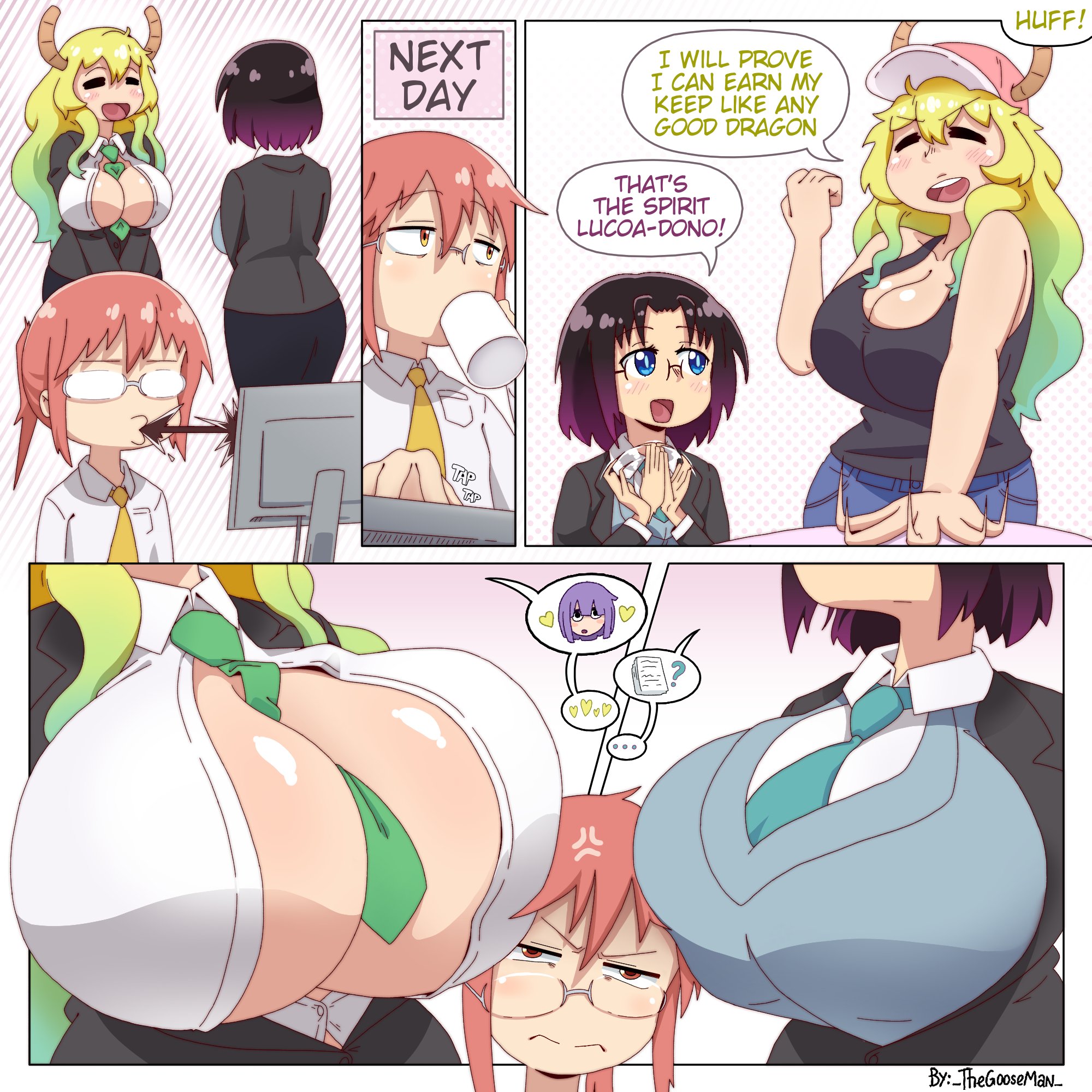 3girls, big breasts, boobs, breasts, elma (dragon maid), kobayashi, miss kobayashi's dragon maid, quetzalcoatl (dragon maid), tagme, tie between breasts