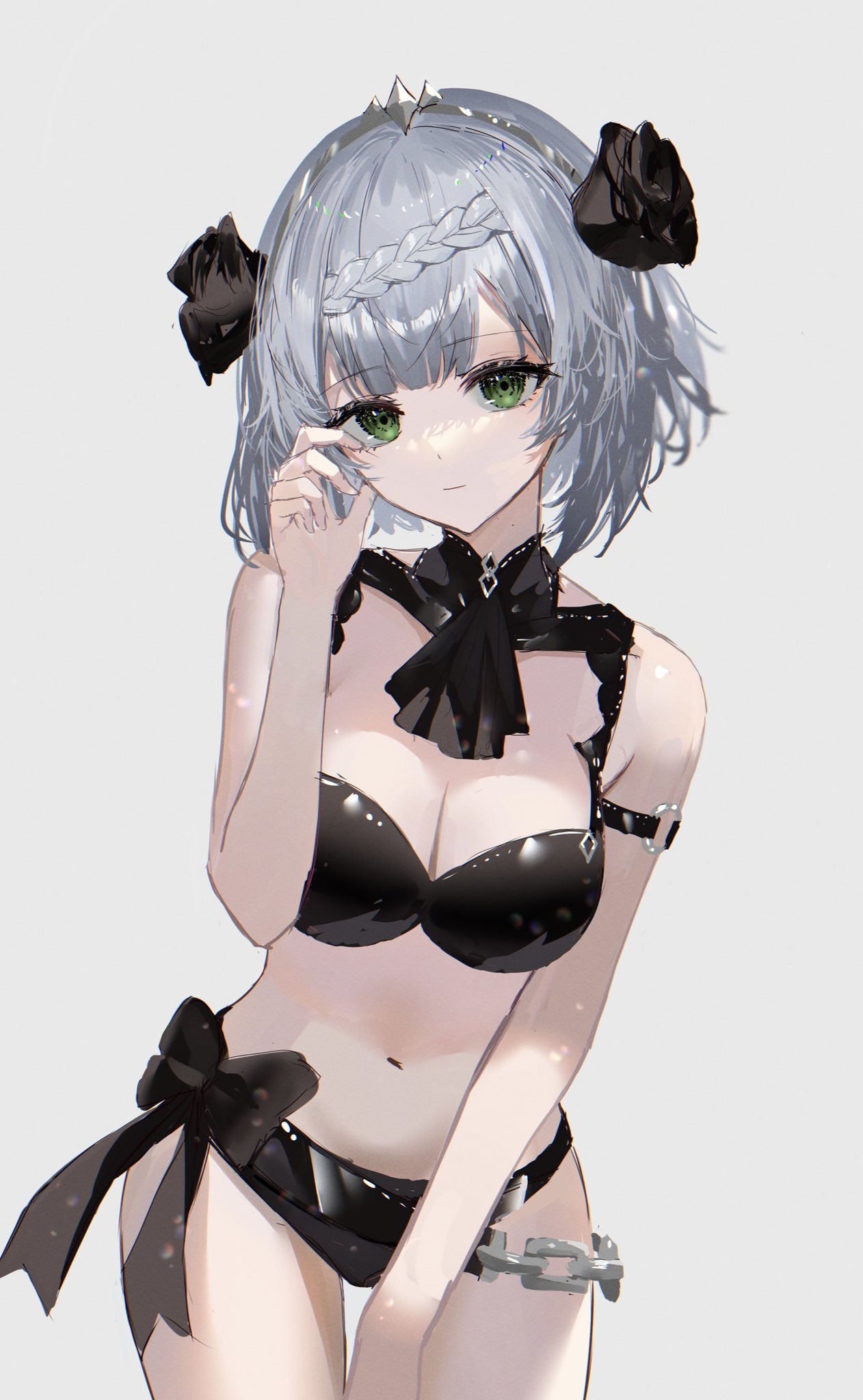 bikini, black rose, chains, female, genshin impact, green eyes, grey hair, latex bikini, noelle (genshin impact), ribbon, short hair