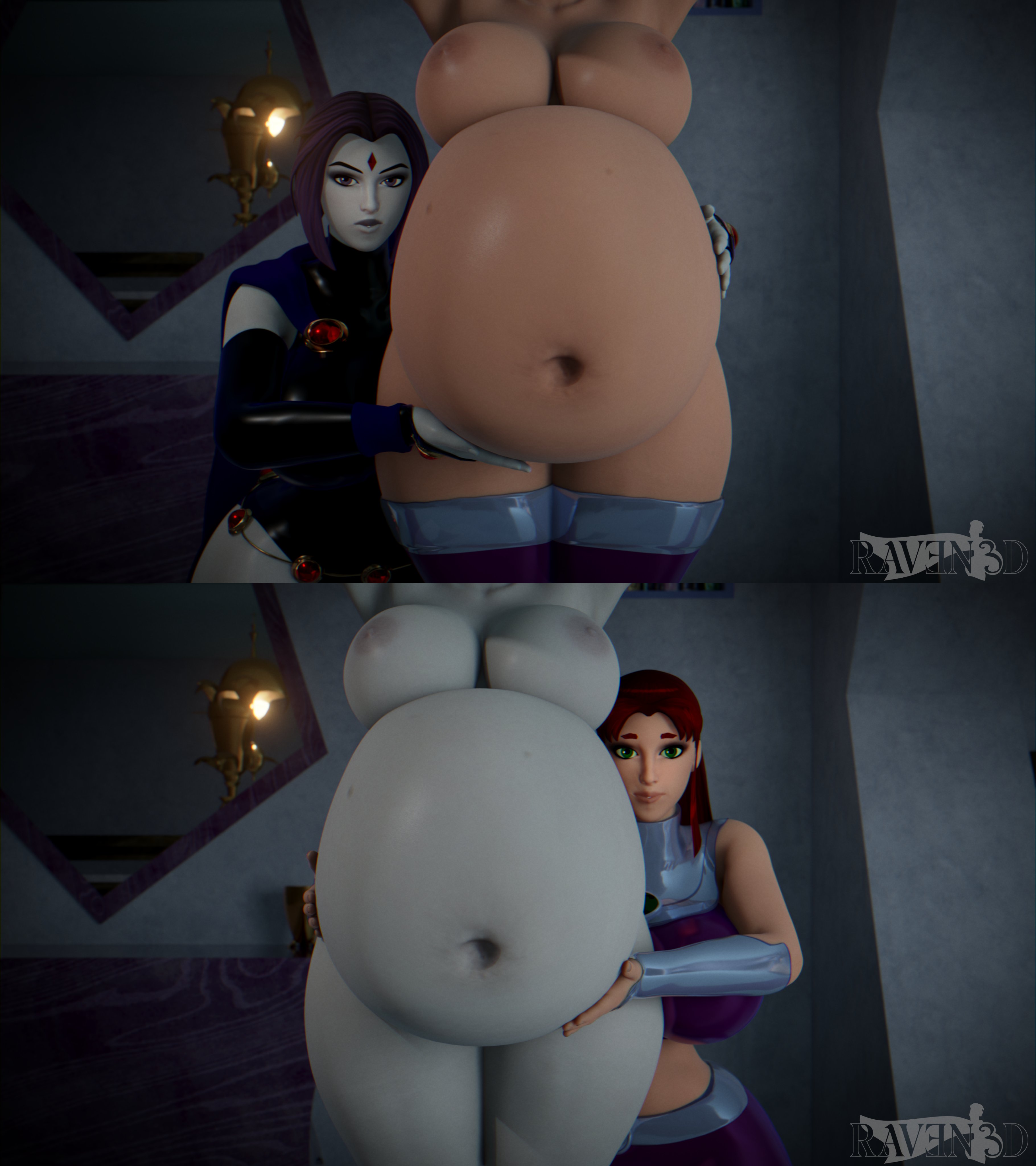 2girls, 3d, belly, big belly, big breasts, breasts, dc comics, duo, female, female only, grey skin, huge belly, huge breasts, orange skin, pregnant, rav3n3d, raven (dc), starfire, teen titans