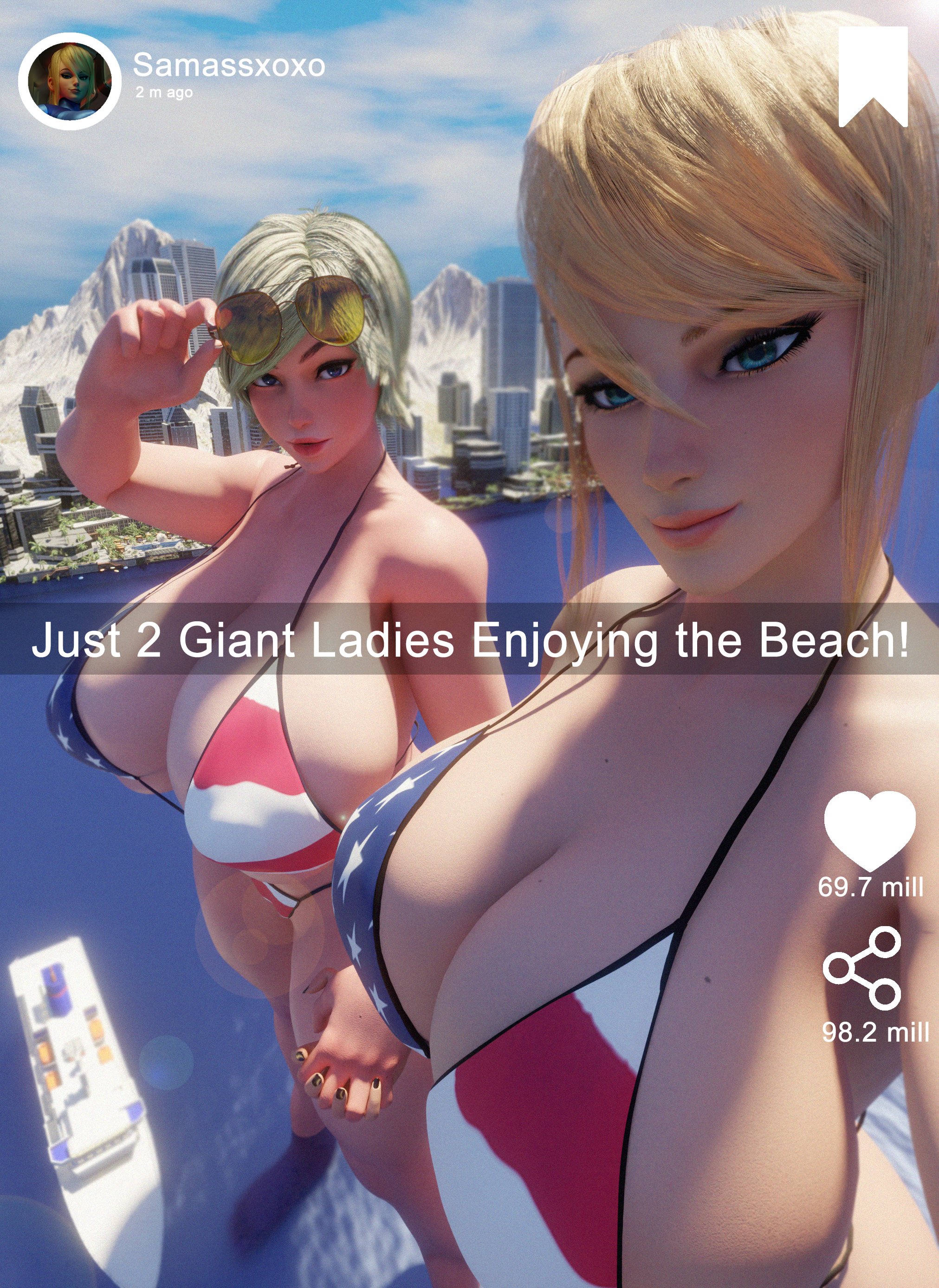 2girls, 3d, 3d (artwork), 4th of july, alien, alien girl, alien humanoid, american flag bikini, big boobs, big breasts, bikini, blonde, blonde female, blonde hair, blonde-haired female, boobs, breasts, crossover, dc, dc comics, giant female, giant woman, giantess, huckleberry8181, huge boobs, huge breasts, human female, humann, kryptonian, large breasts, light skin, light-skinned female, metroid, nintendo, power girl, powergirl, samus aran, scrag boy (model), scrag boy (style), scrag samus, superman (series), swimsuit, text version, thick thighs, thighs, voluptuous, voluptuous female