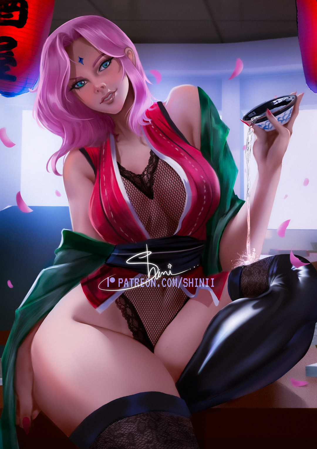 1girls, ass, commission, female, female only, fishnet leotard, forehead jewel, green eyes, illustration, naruto, naruto (series), naruto: the last, patreon, patreon username, pink hair, reward, sakura haruno, shinii, solo, thigh boots, thighhighs