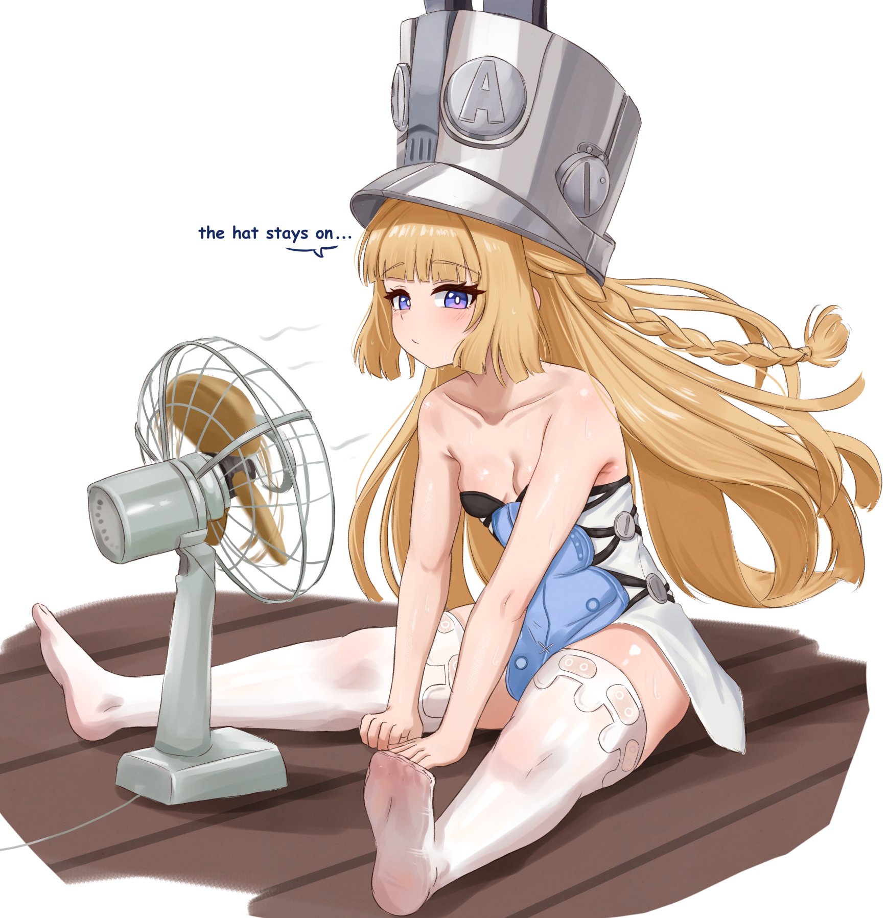 1girl, adult (lore), bare shoulders, blonde hair, blue eyes, braid, breasts, collarbone, electric fan, english text, grey helmet, helmet, highres, hot, hoyoverse, long hair, looking at viewer, mihoyo, mockingeu, norma hollowell, simple background, single braid, sitting, small breasts, soles, solo, thighhighs, white background, white thighhighs, zenless zone zero