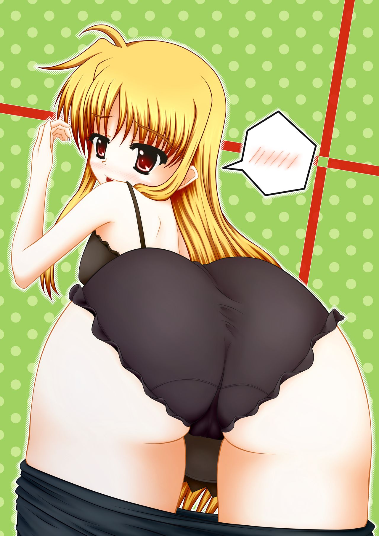 ass ass_focus black_panties blonde_hair blush embarrassed fate_testarossa long_hair looking_back mahou_shoujo_lyrical_nanoha mahou_shoujo_lyrical_nanoha_strikers panties pants_down pants_falling_down pantsed pullpull15 red_eyes very_long_hair