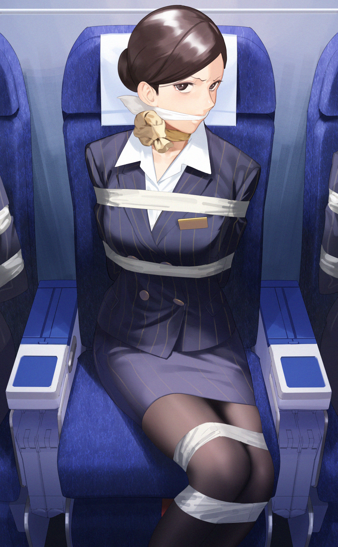 1girls, amino (tn7135), black hair, bondage, bound, bound and gagged, bound arms, bound legs, breasts, brown eyes, cloth gag, female, female focus, female only, flight attendant, fully clothed, gag, gagged, large breasts, pencil skirt, restrained, skirt, stewardess, tape, tape bondage, uniform, white shirt