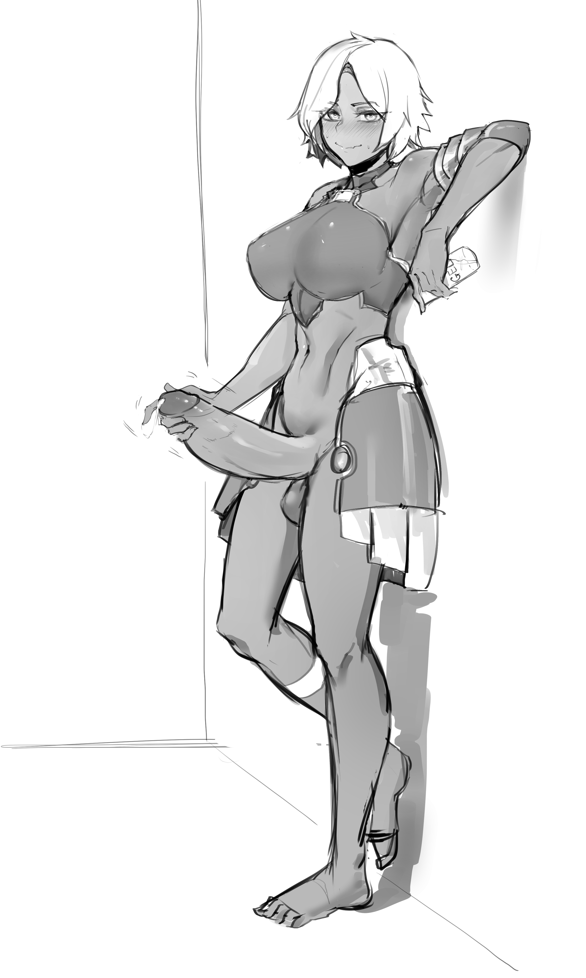 1futa, against wall, balls, bare shoulders, big breasts, big penis, bikini armor, blazered00, bottomless, breasts, clothed, clothing, dark skin, dark-skinned futa, erection, futa only, futanari, huge cock, human, intersex, large penis, looking at viewer, masturbation, monochrome, partially clothed, penis, short hair, sketch, skirt, solo, standing, white hair