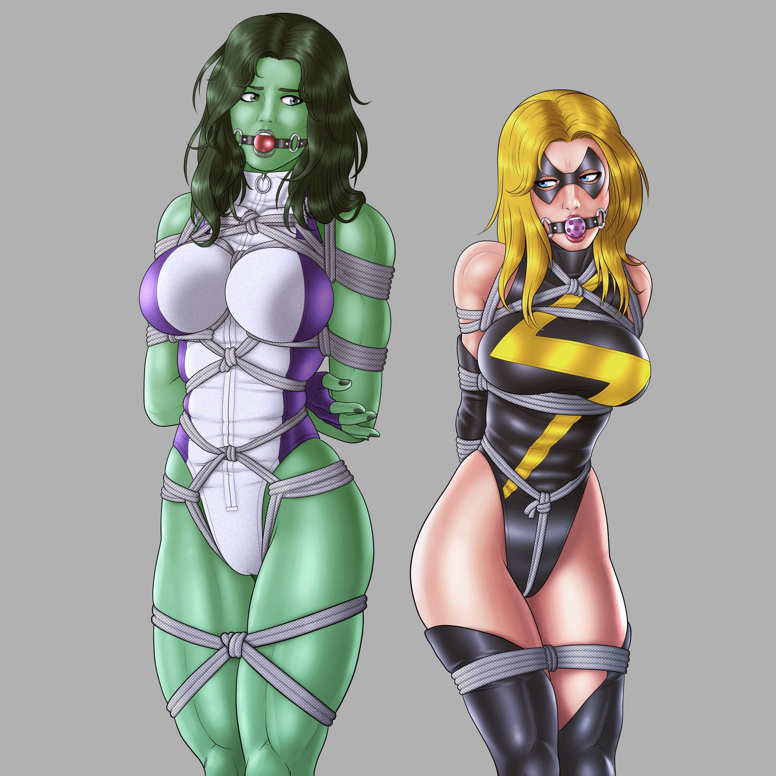 2girls, arms behind back, avengers, ball gag, big breasts, bondage, breasts, carol danvers, female, female only, femsub, fully clothed, gag, gagged, marvel, marvel comics, ms. marvel, ms. marvel (carol danvers), multiple females, multiple girls, multiple subs, muscular, muscular female, reptileye, rope, rope bondage, she-hulk, superheroine, tied up