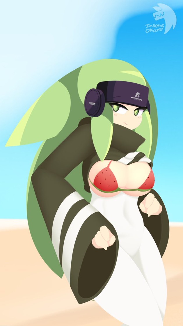 beach bikini geoexe green_eyes green_hair gwain_saga insane_okamy long_sleeves marlow watermelon_bra