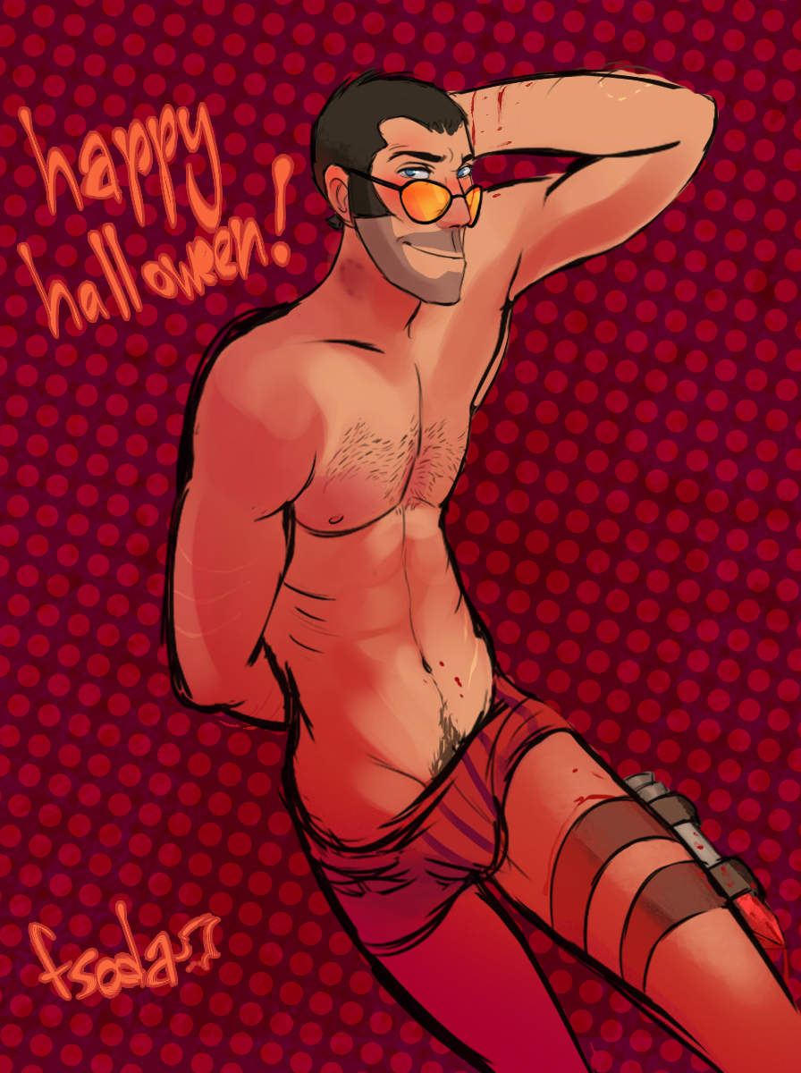 australian aviator_sunglasses bite_mark blood blue_eyes bodyhair brown_hair chest_hair ferretsoda halloween male_focus male_only pinup posing scars sniper sniper_(team_fortress_2) sunglasses tan_skin