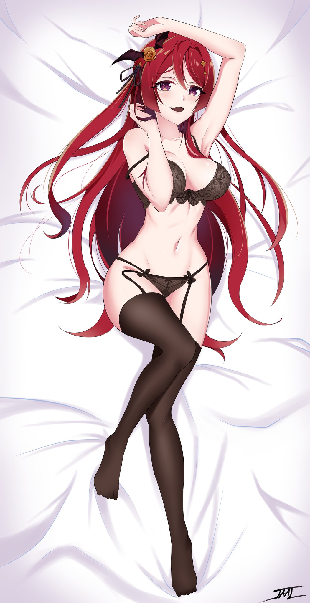 1girls 2022 black_bra black_panties black_thong bra dakimakura female female_focus full_body hair_ornament himea_d'almaria jaal light-skinned_female light_skin long_hair long_hair_female panties purple_eyes red_hair solo solo_female solo_focus thighs thong vampire virtual_youtuber wactor wactor_es wactor_production