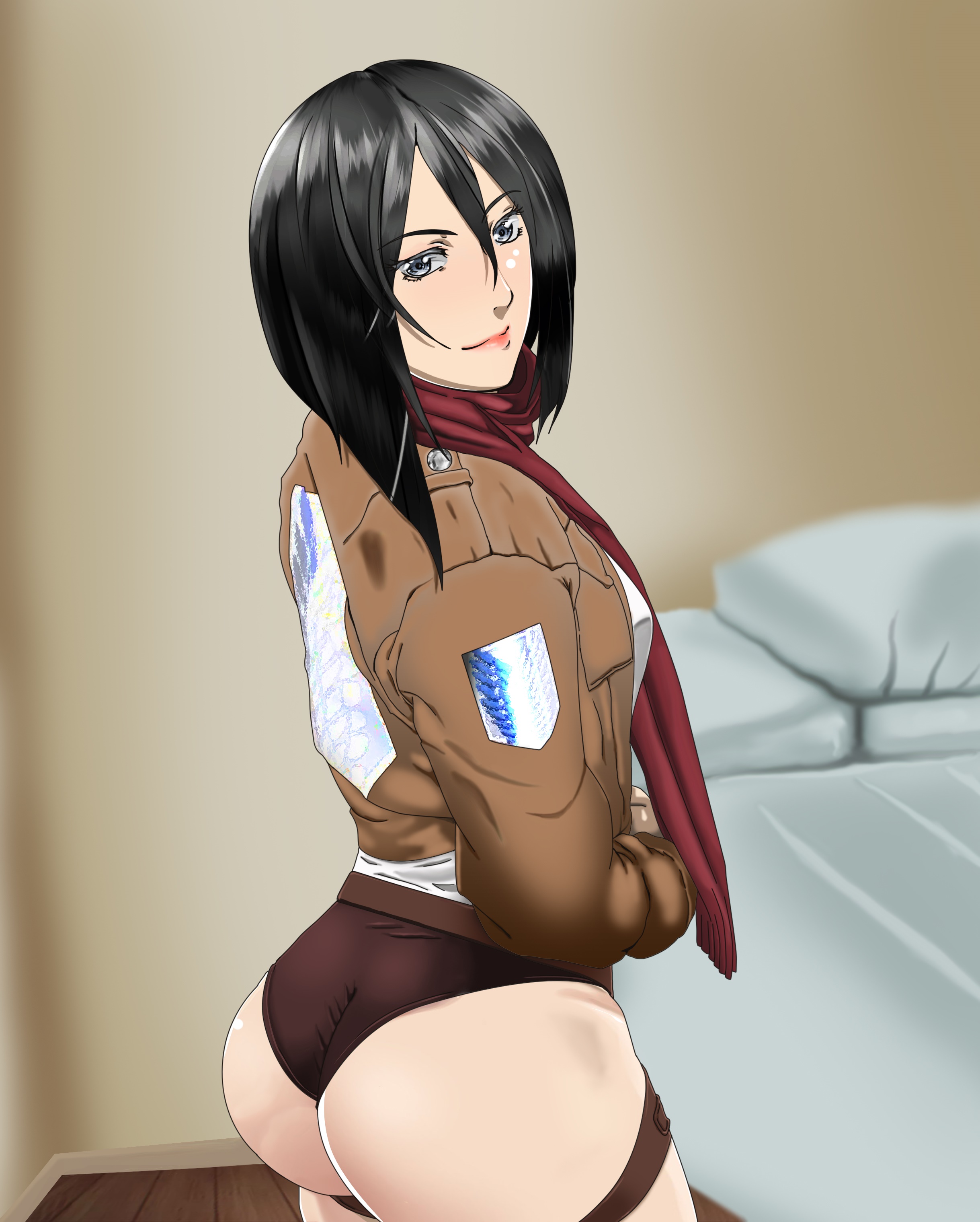 1girls, ass, attack on titan, big ass, black hair, black legwear, boots, curvy, female, female only, fully clothed, mikasa ackerman, pants, seductive eyes, seductive smile, shingeki no kyojin, solo
