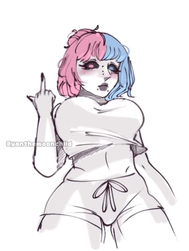 artist_name artist_signature bare_shoulders bare_thighs big_ass big_breasts black_eyes blue_eyes blue_hair dominant hair_bun heterochromia huge_breasts large_breasts looking_at_viewer looking_down messy_hair middle_finger nail_polish nails oc original_character piercing pink_eyes short_hair shorts showing_breasts sketch tagme tank_top thick thick_ass thick_lips thick_thighs yan_the_moonchild yvee yvee(character) yvee_(character) yvee_(yanthemoonchild)