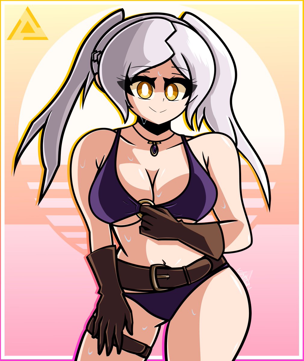 1girls alternate_costume belt bikini cleavage female fire_emblem fire_emblem_awakening fire_emblem_heroes gloves kafein large_breasts looking_at_viewer nintendo official_alternate_costume purple_bikini purple_swimsuit robin_(female)_(summer)_(fire_emblem) robin_(fire_emblem) robin_(fire_emblem)_(female) solo sweat sweatdrop sweating swimsuit thick_thighs twintails wide_hips