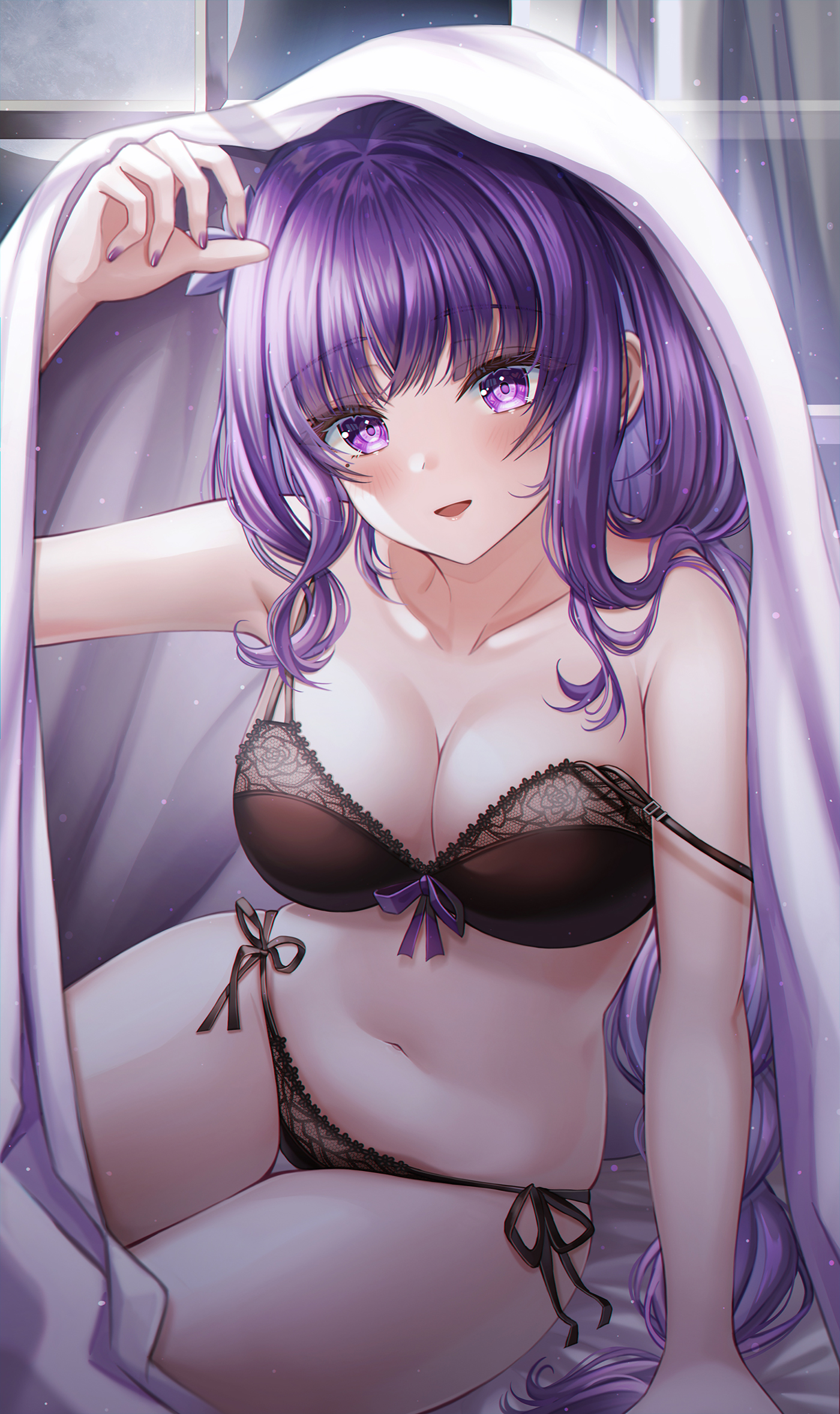 1girls, bed, bedroom, blush, bra, braid, breasts, cleavage, curvy, female, genshin impact, large breasts, lingerie, looking at viewer, milf, night, panties, pov, purple eyes, purple hair, raiden shogun, seductive, smile, strap slip, thick thighs, under covers