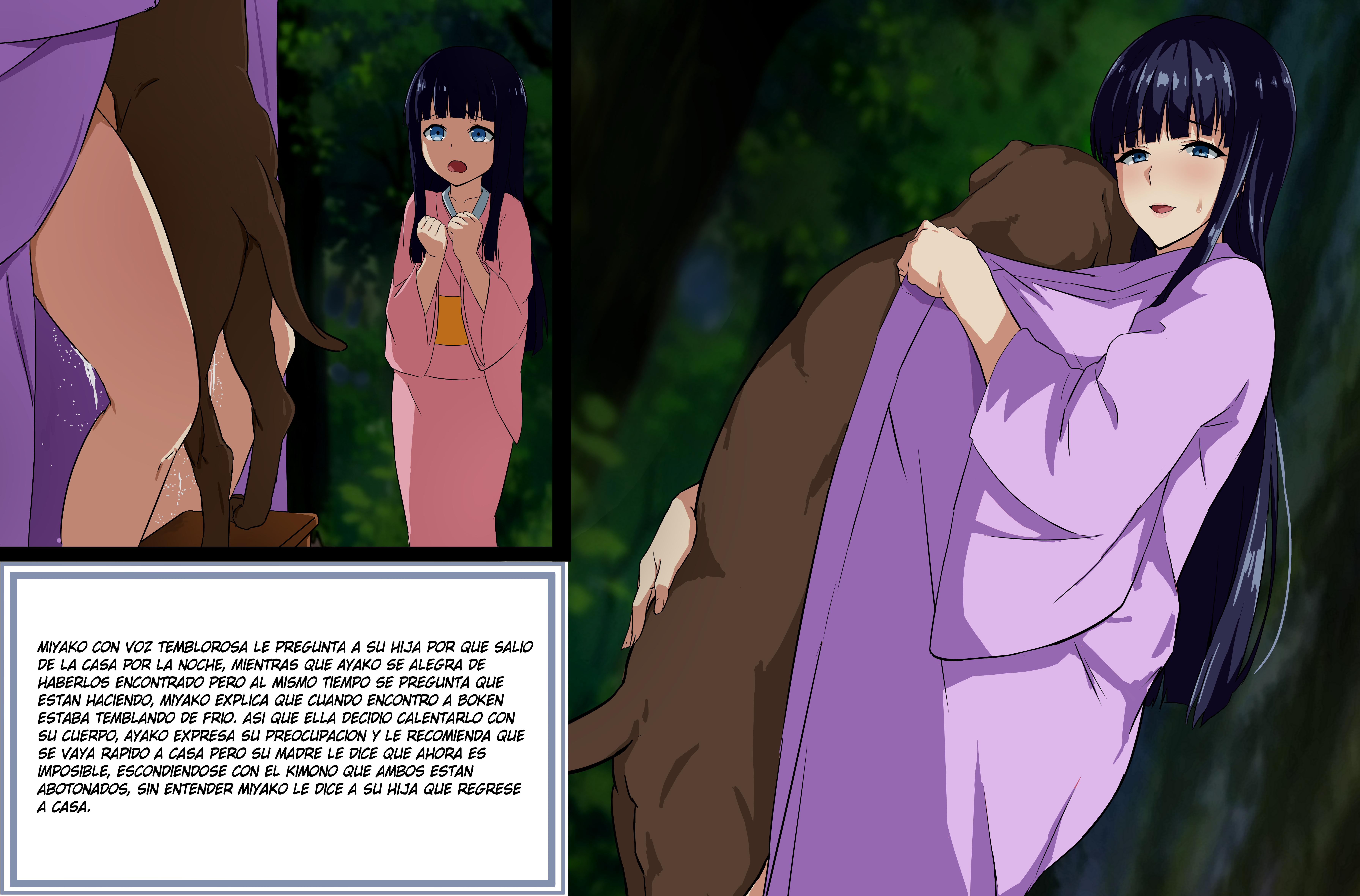 1animal, 1boy, 2girls, areolae, bangs, bestiality, black hair, blue eyes, breasts, canine, canine on human, caught, caught in the act, cheating, cheating wife, comic, cucked by beast, cuckold, cuckolding, domestic dog, female, female on feral, feral, feral on female, feral on human, feral penetrating, feral penetrating human, huge breasts, human female, human on feral, human penetrated, male, milf, miyako (miyuki), miyuki (artist), mother and daughter, netorare, ntr, open clothes, outdoors, outside, pussy, spanish text, standing, standing sex, text, translated, vaginal penetration, zoophilia