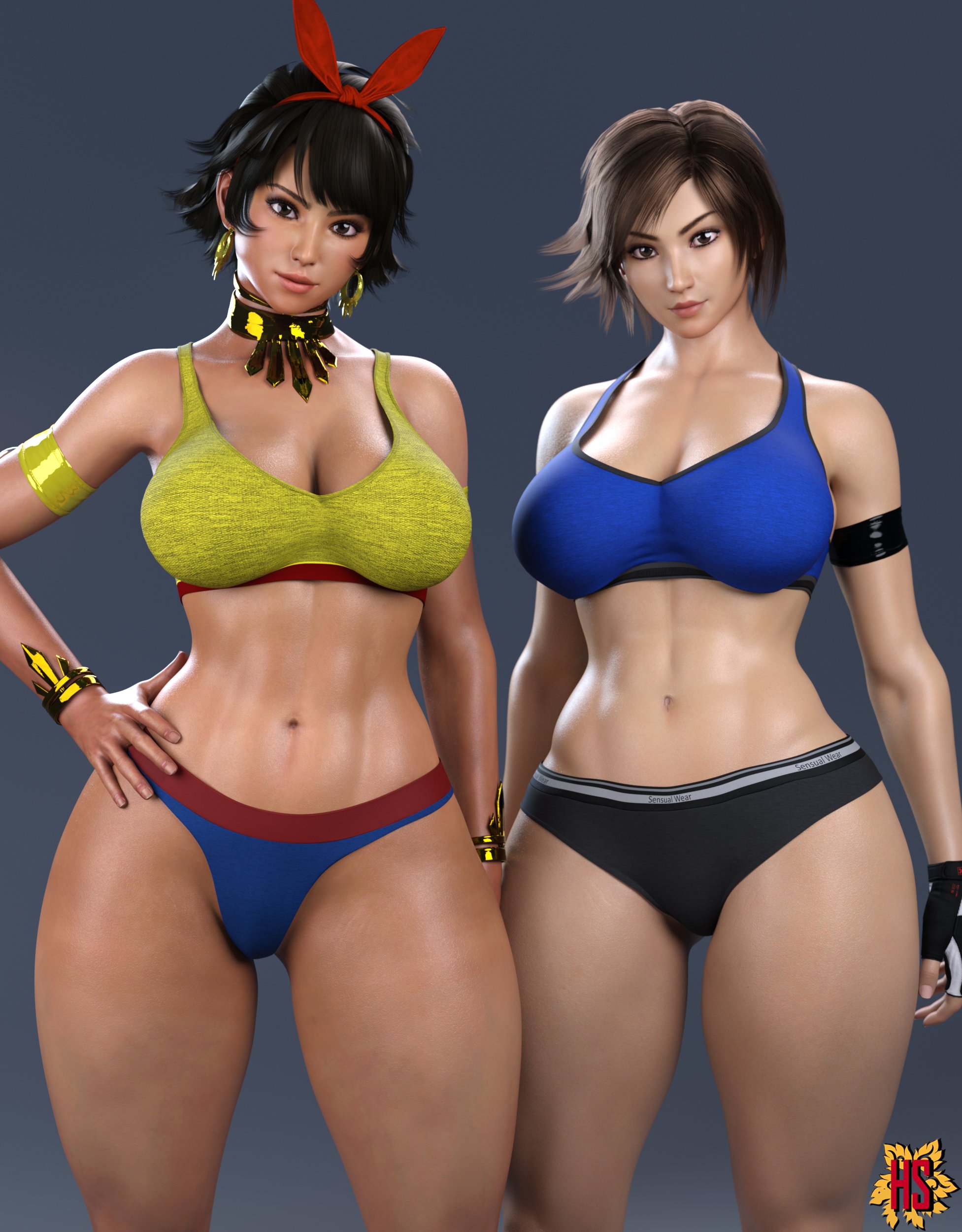 2girls, 3d, big breasts, breasts, chocolate and vanilla, dark skin, dark-skinned female, female, female only, hagiwara studio, josie rizal, kazama asuka, panties, sports bra, tekken, tekken 7, thick thighs, tomboy, wide hips