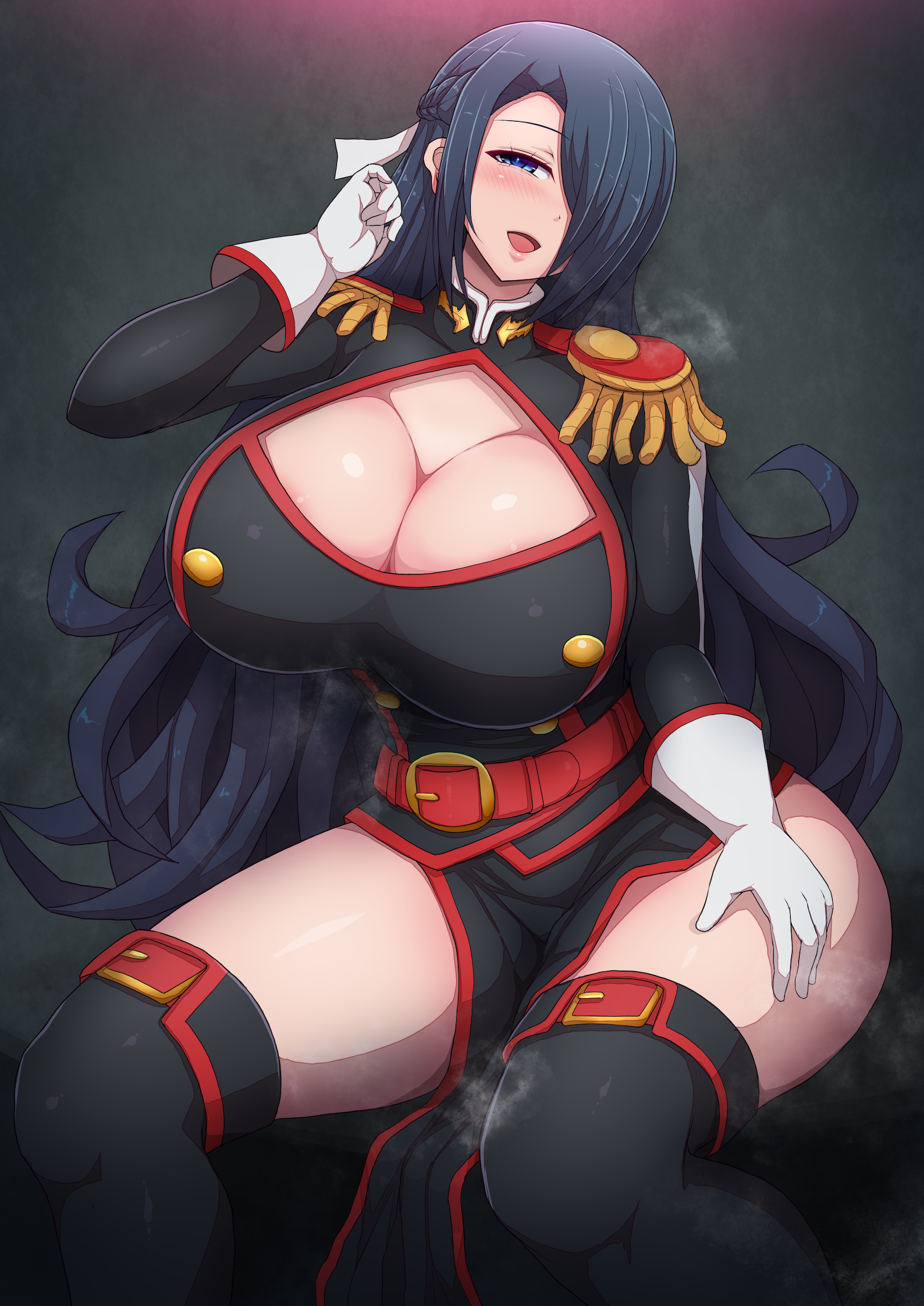 1girls, 2022, anti-demon corps uniform, azuma fubuki, black hair, breasts, china dress, chinese clothes, cleavage, clothed, clothing, dress, female, female only, hair over one eye, hi res, hips, huge breasts, long hair, mato seihei no slave, naughty face, ponpo, ponponmaru, rnslim waist, steam, steaming body, thick thighs, thighs, wide hips
