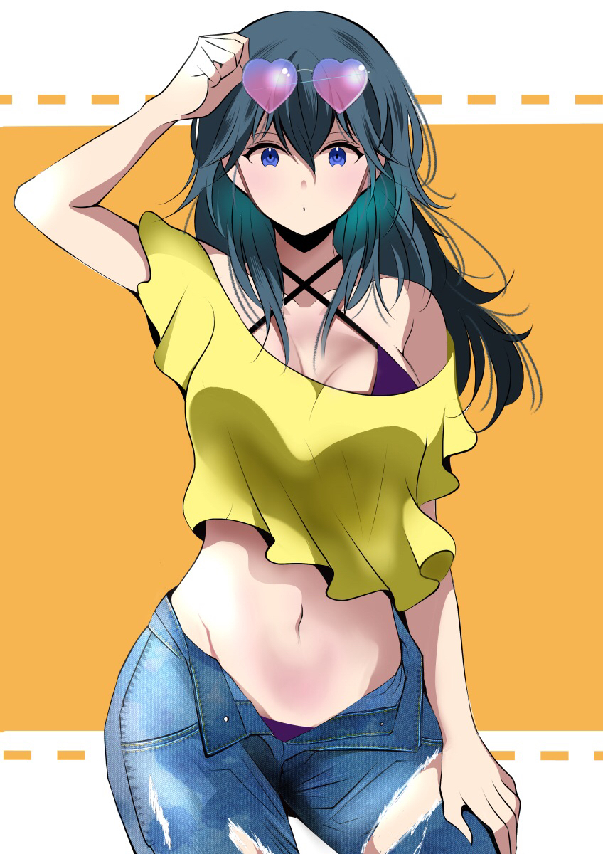 1girls alternate_costume bangs bikini black_bikini byleth_(fire_emblem) byleth_(fire_emblem)_(female) contrapposto crop_top denim emotionless emotionless_female expressionless eyewear_on_head fe135700 female female_only fire_emblem fire_emblem:_three_houses green_eyes green_hair hair_between_eyes heart heart-shaped_eyewear highres indifference indifferent jeans long_hair looking_at_viewer midriff navel nintendo pants purple_bikini purple_swimsuit shirt solo sunglasses swimsuit teal_hair tomboy torn_clothes torn_pants unamused unbothered uncaring unenthusiastic yellow_shirt