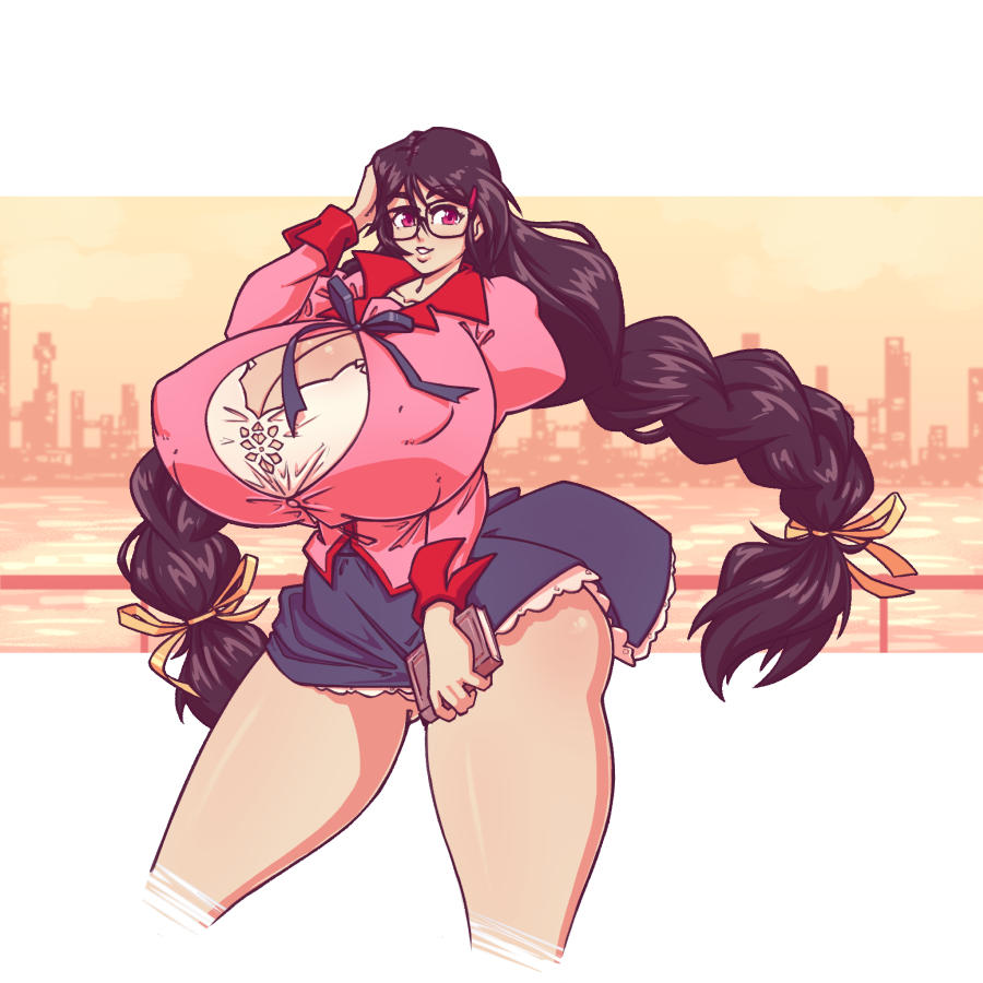 1girls 2022 ass bakemonogatari black_hair book bra breasts cleavage color female female_only glasses hanekawa_tsubasa huge_breasts long_hair looking_at_viewer monogatari_(series) n647 nipple_bulge school_uniform solo thick_thighs twin_braids twintails voluptuous wide_hips