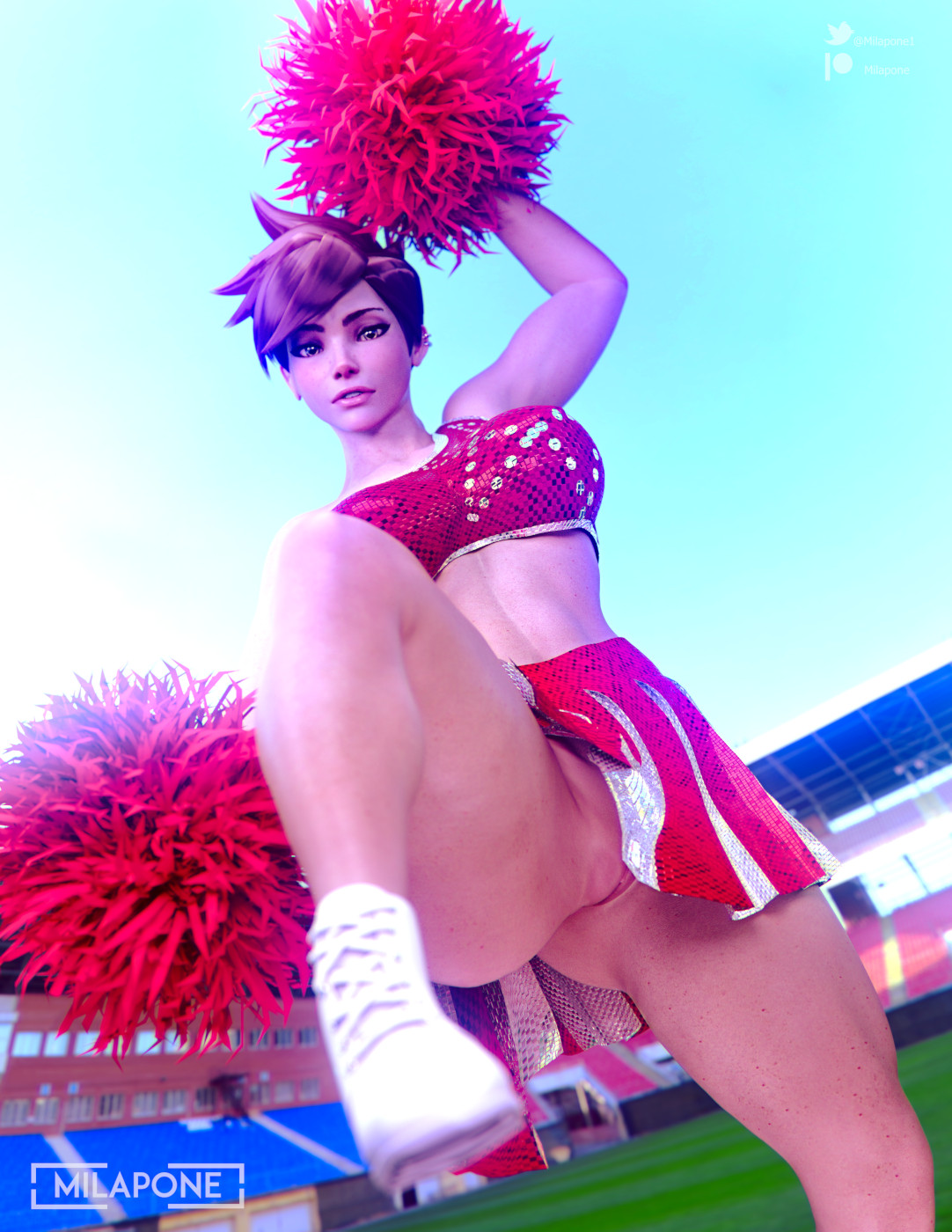 3d, 3d (artwork), ass, big ass, big breasts, breasts, bubble butt, busty, cheerleader, cheerleader uniform, curvy, daz studio, daz3d, female, hourglass figure, large breasts, milapone, no panties, overwatch, pussy, shoes, skirt, skirt lift, sneakers, thick, thick ass, thick thighs, tracer, vagina, wide hips