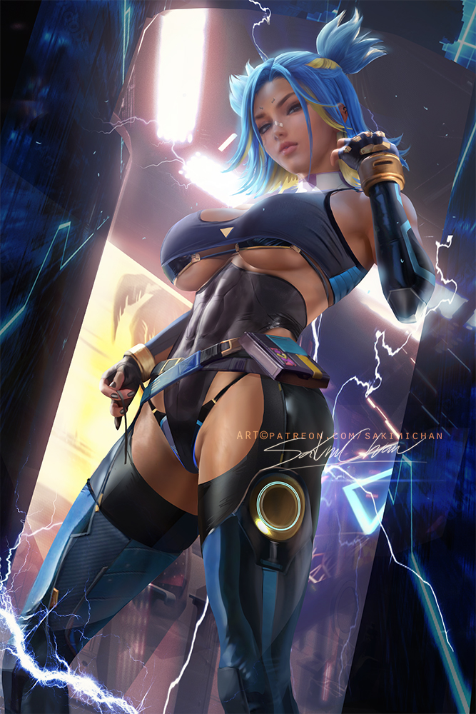 1girls, 2d, 2d (artwork), armpits, bare shoulders, bare thighs, big breasts, blue hair, breasts, electricity, female, female focus, female only, fingerless gloves, gloves, hair bun, looking at viewer, low-angle view, mostly clothed, neon (valorant), panties, riot games, sakimichan, short hair, solo, solo female, solo focus, thong, underboob, valorant, yellow hair
