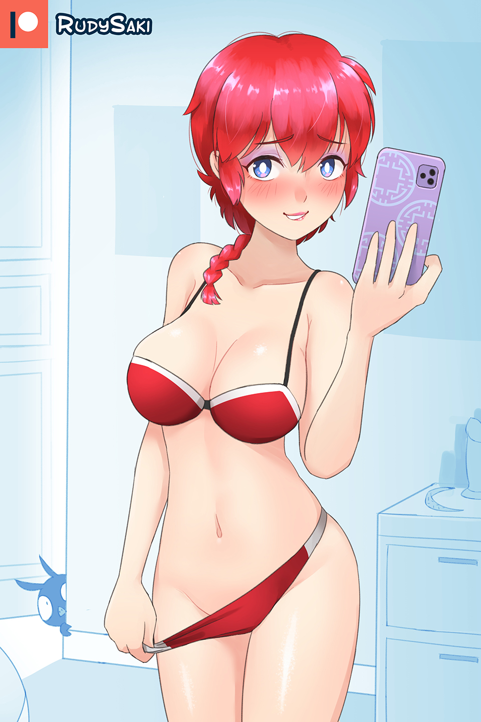 1girls biting_lip blue_eyes blush canon_genderswap embarrassed female genderswap genderswap_(mtf) p-chan pig pulling_panties ranma-chan ranma_1/2 ranma_saotome red_bra red_hair red_panties rudy_saki ryoga_hibiki selfie sex_toy_background source_request