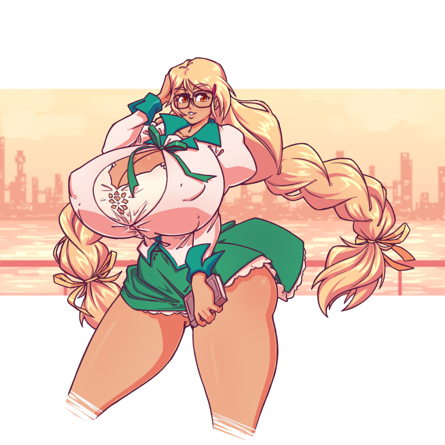 1girls 2022 alternate_color ass bakemonogatari blonde_hair book bra breasts cleavage color female female_only glasses hanekawa_tsubasa huge_breasts long_hair looking_at_viewer monogatari_(series) n647 nipple_bulge school_uniform solo thick_thighs twin_braids twintails voluptuous wide_hips