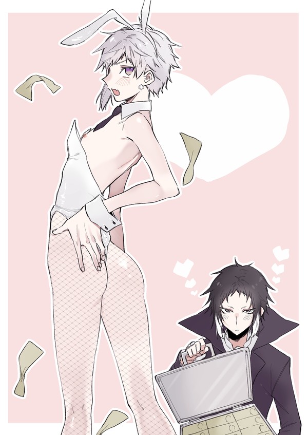 2boys androgynous artist_request atsushi_nakajima bungo_stray_dogs bunny_ears bunnysuit femboy male_only nipples ryuunosuke_akutagawa