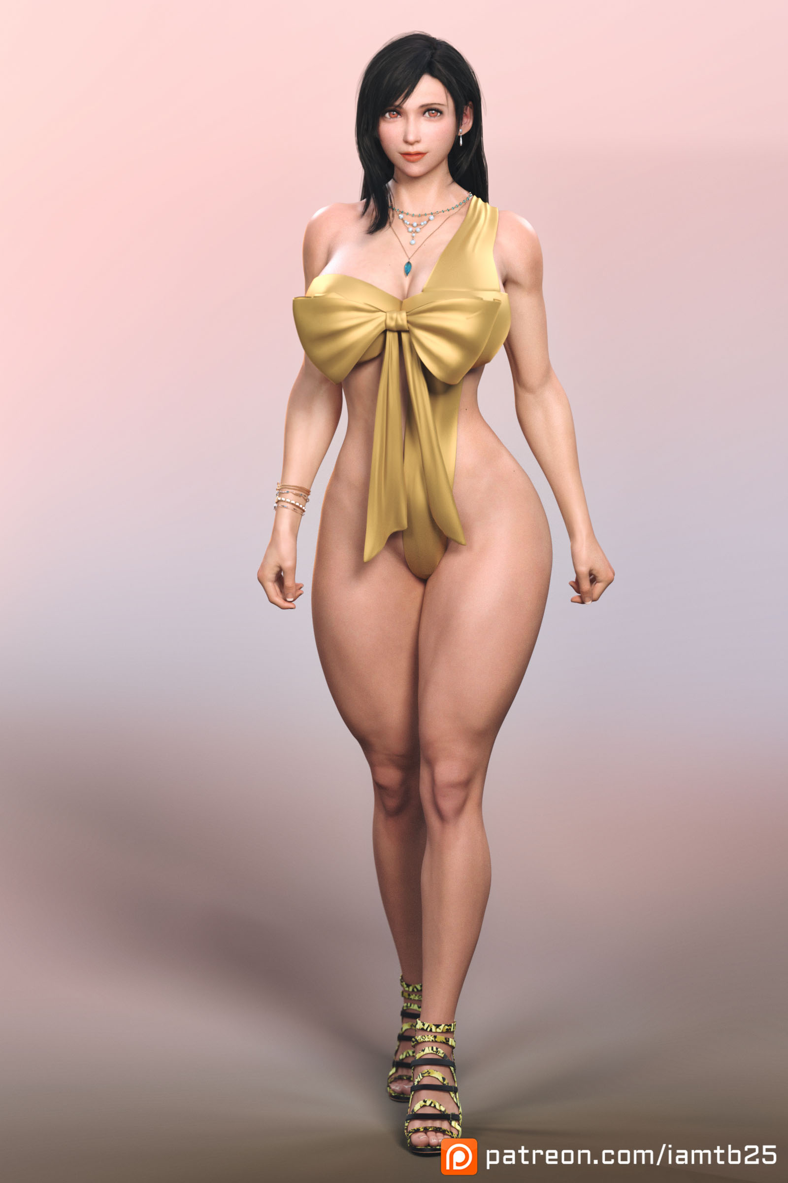 1girls, 3d, barely clothed, big breasts, breasts, cleavage, female, final fantasy, final fantasy vii, final fantasy vii remake, looking at viewer, patreon username, ribbon, simple background, solo, solo female, tb25, tifa lockhart