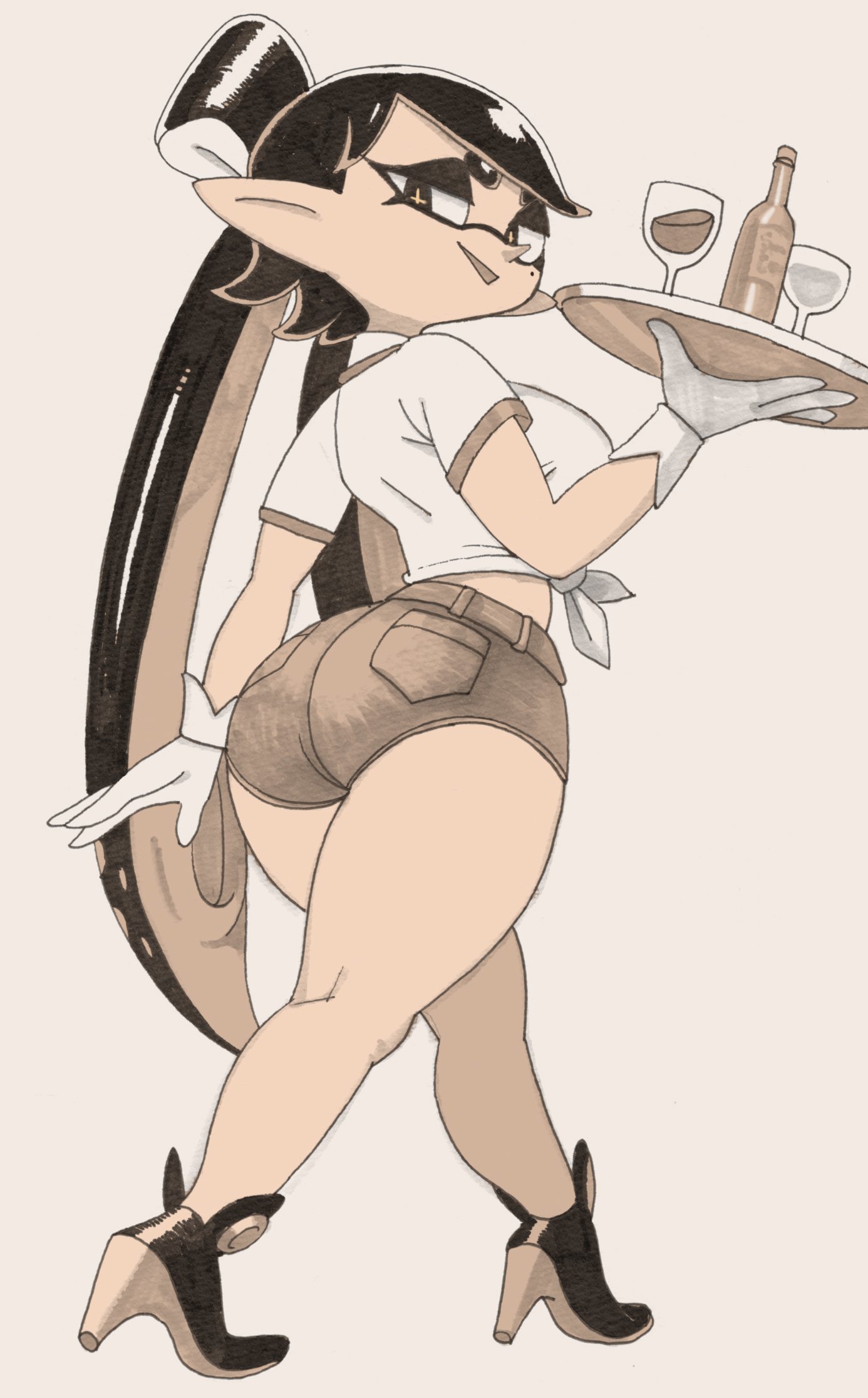 1girls, ass, ass focus, bare legs, big ass, big breasts, big butt, booty shorts, bottom heavy, breasts, callie (splatoon), fat ass, female, female focus, female only, heels, huge ass, huge butt, inkling, long hair, looking at viewer, looking back, nintendo, round ass, shorts, smile, solo, splatoon, squid sisters, thick ass, thick thighs, waitress, yuta agc