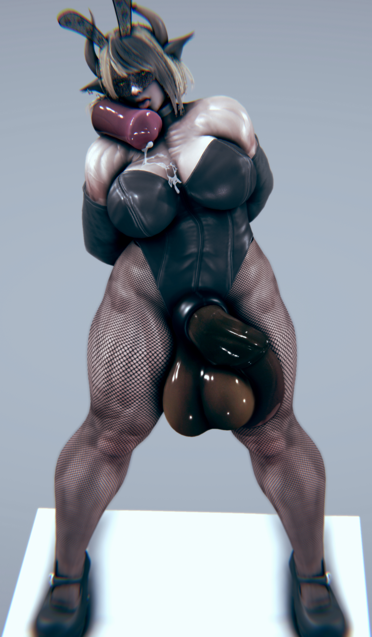 1futa, 3d, animal genitalia, animal genitalia on humanoid, animal penis, autofellatio, bunny ears, bunnysuit, cum, futa only, futanari, hdregrets, horns, horsecock, horsecock on humanoid, intersex, jen ocee, long penis, muscular, muscular futa, penis, precum, solo