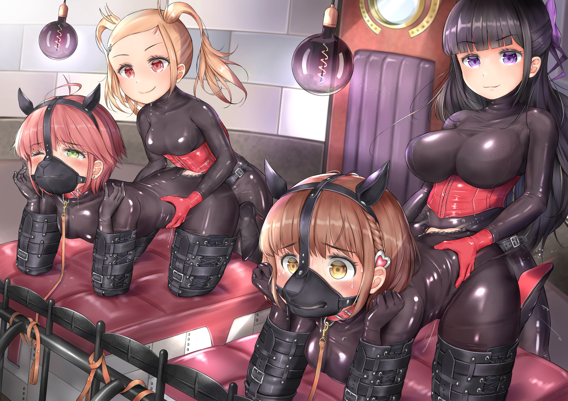 4girls, bitchsuit, black hair, blush, bondage, bound, bound arms, bound legs, brown hair, collar, corset, doggy style, dominatrix, epicary radz, fake animal ears, female, female only, femdom, femsub, from behind, from behind position, gag, gagged, green eyes, latex, leash, leash and collar, multiple doms, multiple females, multiple girls, multiple subs, muzzle gag, one eye closed, penetration, pet play, petplay, piddlefours, purple eyes, red eyes, red hair, sex slave, slave, smile, smiling, strap-on, strapon, wince, yellow eyes, yuri