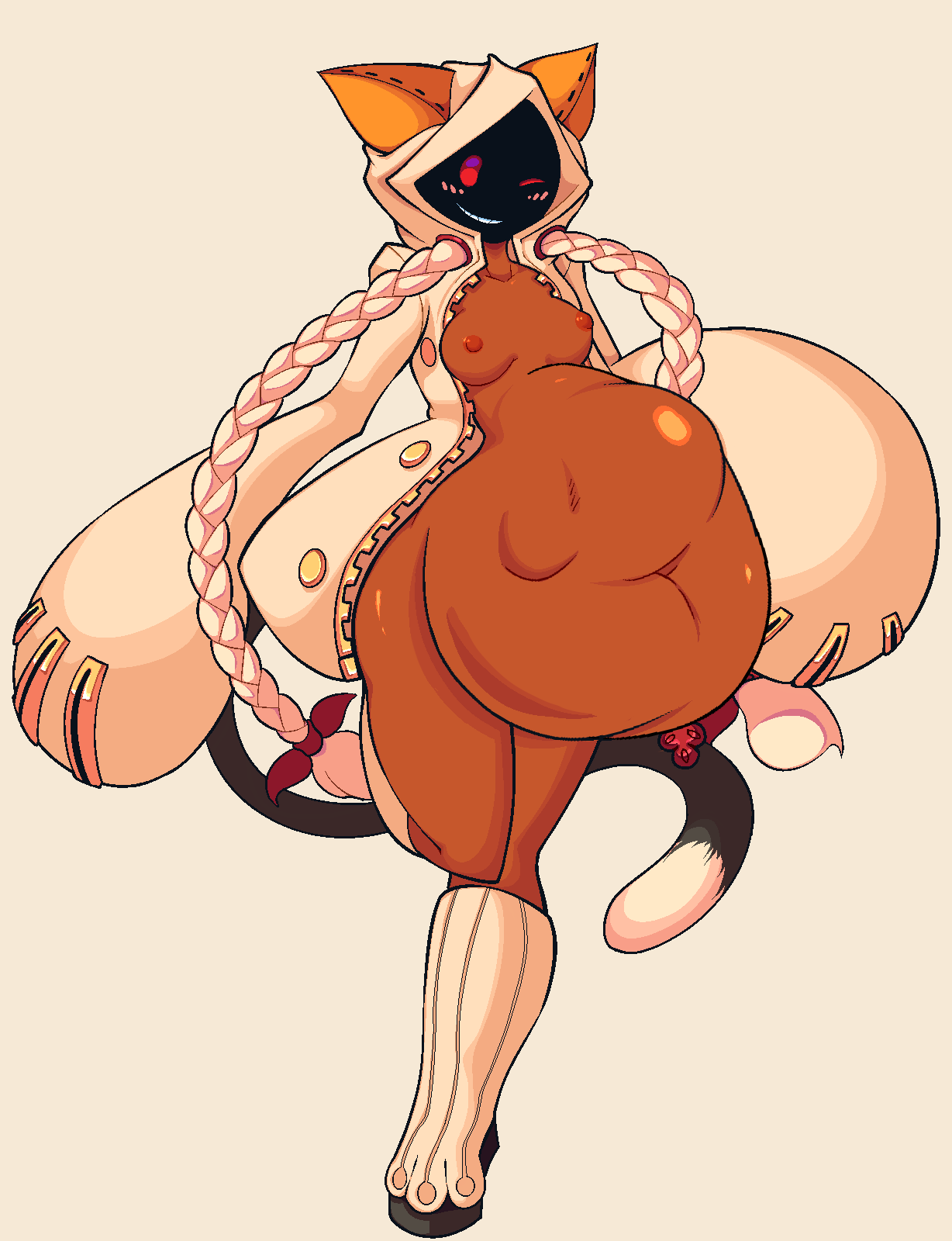 1girls, animal ears, animal tail, average-hanzo, big belly, blazblue, breasts, brown skin, cat ears, cat girl, cat tail, catgirl, dark skin, dark-skinned female, edit, feline, female, female pred, simple background, small breasts, taokaka, vore