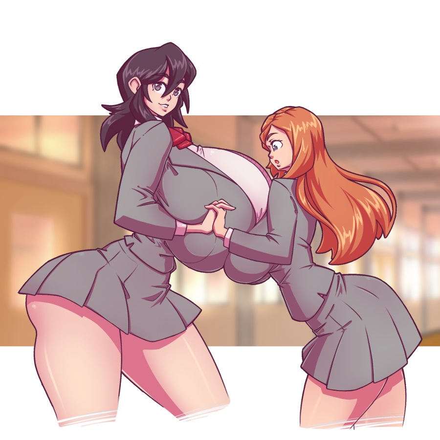 2022 2girls alternate_breast_size alternate_height amazon ass asymmetrical_docking big_breasts black_hair bleach breast_docking breast_size_difference breast_squish breasts color curvy curvy_female female female_only gigantic_breasts height_difference holding_hands huge_breasts inoue_orihime kuchiki_rukia looking_at_viewer n647 orange_hair school_uniform short_hair size_difference tall_female tall_girl taller_female taller_girl thick_thighs voluptuous wide_hips yuri