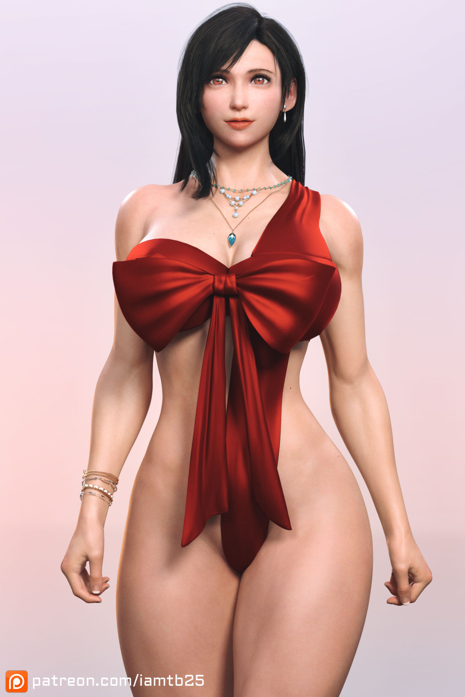 1girls, 3d, barely clothed, big breasts, breasts, cleavage, female, final fantasy, final fantasy vii, final fantasy vii remake, looking at viewer, patreon username, ribbon, simple background, solo, solo female, tb25, tifa lockhart