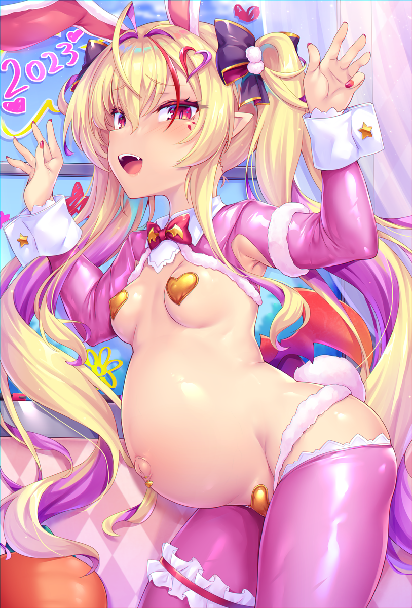 :d animal_ears blonde_hair blush bow bowtie breasts female hair_ornament heart_pasties highres long_hair looking_at_viewer maebari meme_attire multicolored_hair navel navel_piercing original outie_navel pasties piercing pink_thighhighs pointy_ears pregnant purple_hair rabbit_ears rabbit_tail red_eyes red_nails reverse_bunnysuit reverse_outfit smile solo tail teeth thighhighs toraishi_666 twintails two-tone_hair very_long_hair