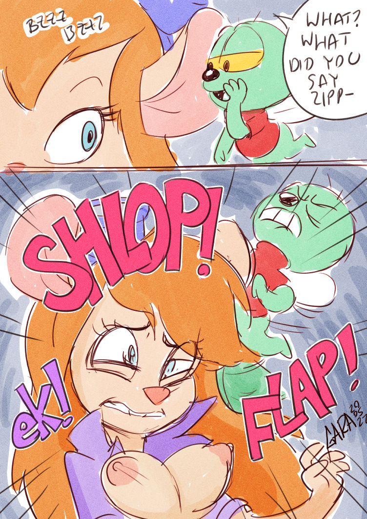 1boy, 1girls, 2022, anthro, anthro only, breasts, chip 'n dale rescue rangers, clothed female, comic, dated, dialogue, ear fuck, ear penetration, english text, female, gadget hackwrench, garabatoz, insects, male, straight, tagme, zipper (chip 'n dale rescue rangers)