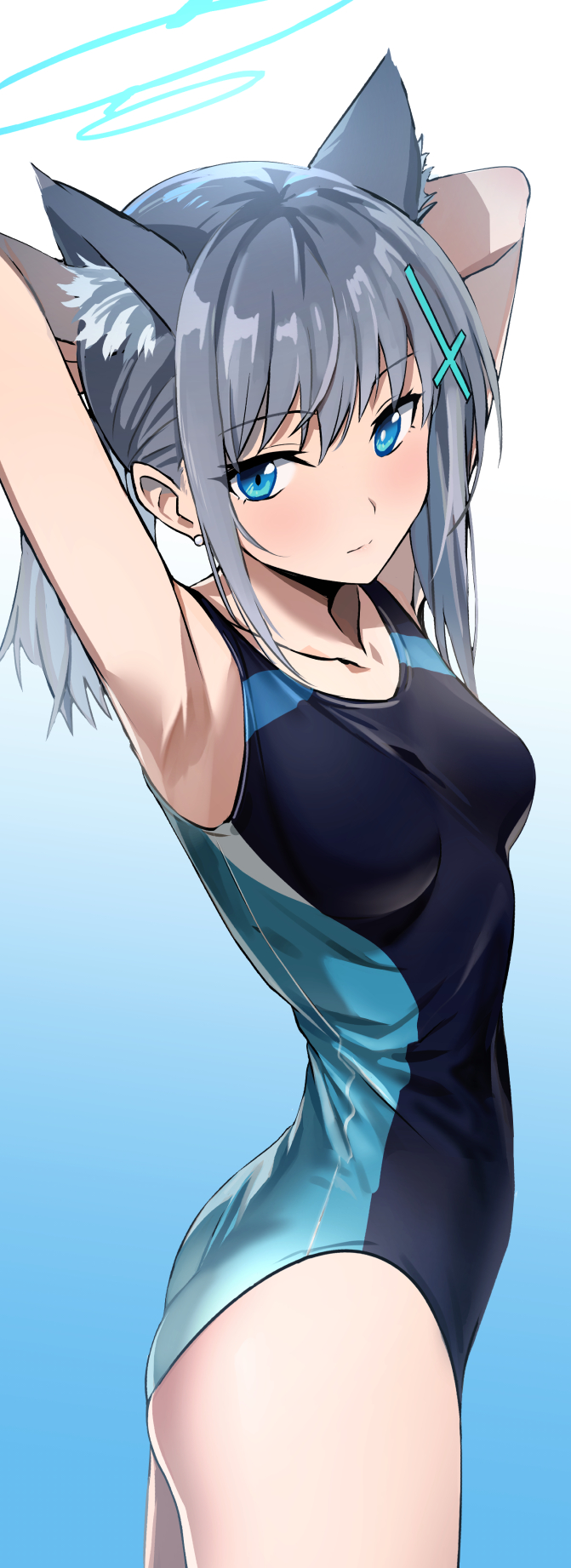abydos high school student, armpits, arms behind back, arms behind head, arms up, ass, big ass, blue archive, blue eyes, breasts, curvy, earrings, female, foreclosure task force (blue archive), grey hair, hand on head, head tilt, heterochromia, highres, hourglass figure, huge ass, large ass, looking at viewer, medium breasts, ningen (ningen96), piercing, piercings, presenting, presenting armpit, school swimsuit, seductive eyes, seductive look, shiroko (blue archive), shiroko (swimsuit) (blue archive), silver hair, simple background, thick thighs, voluptuous, wolf ears, wolf girl