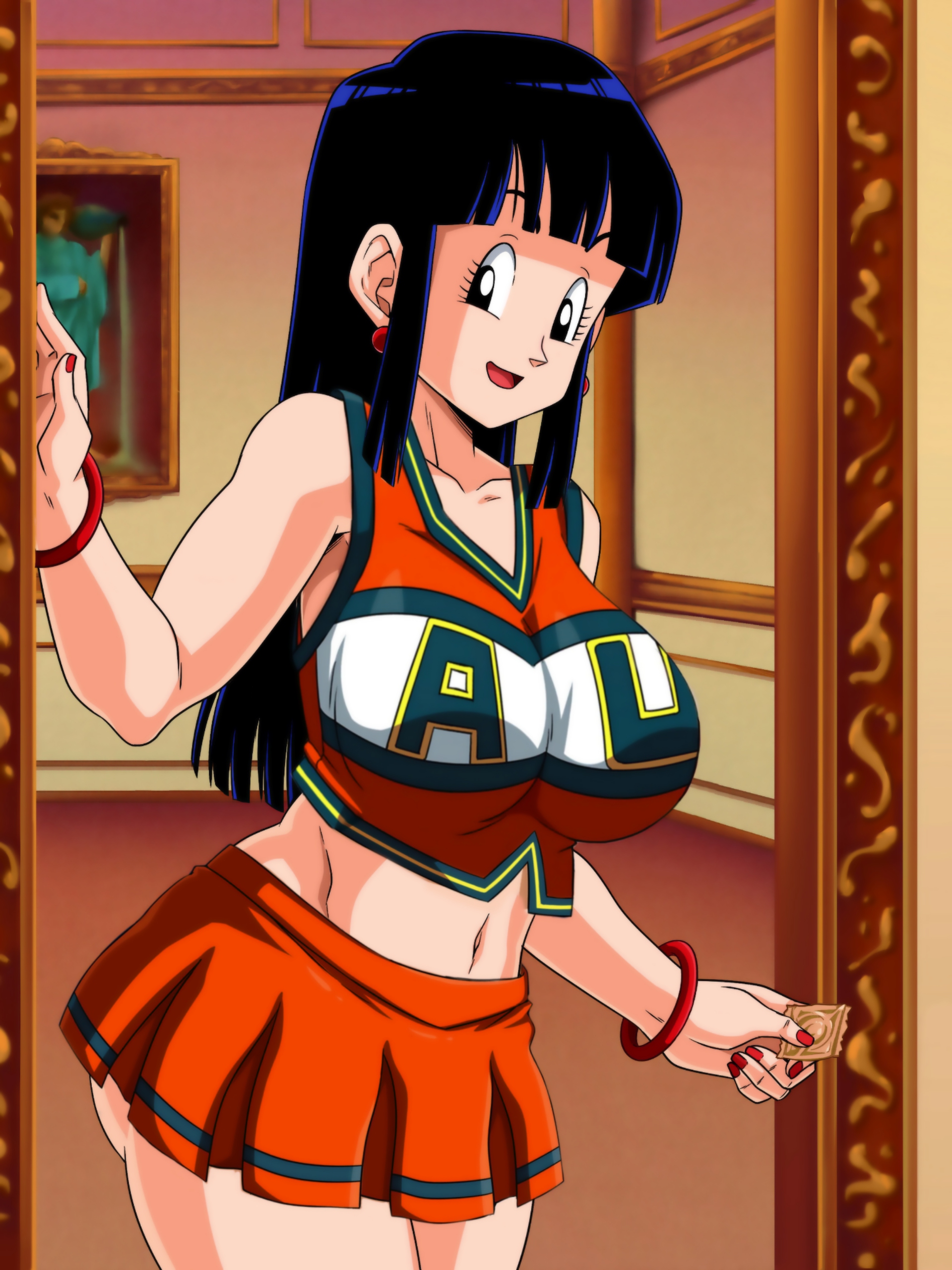 1girls, breasts, cheerleader, chichi, crossover, dragon ball, dragon ball z, edit, edited, female, large breasts, milf, my hero academia, sano-br, solo, standing, u.a. cheerleader outfit
