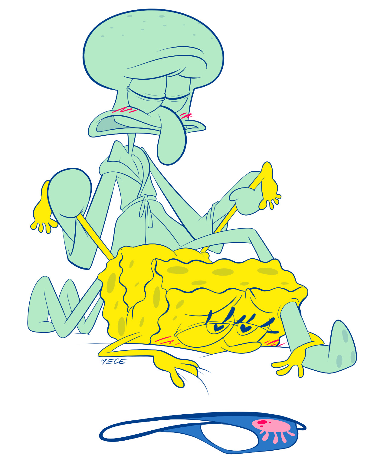 2020, 2boys, cephalopod, doggy style, from behind, gay, gay sex, holding legs, male, male only, nickelodeon, octopodiform, octopus, robe, sea sponge, smooth skin, spongebob squarepants, spongebob squarepants (character), spread, squidward tentacles, thong, yece