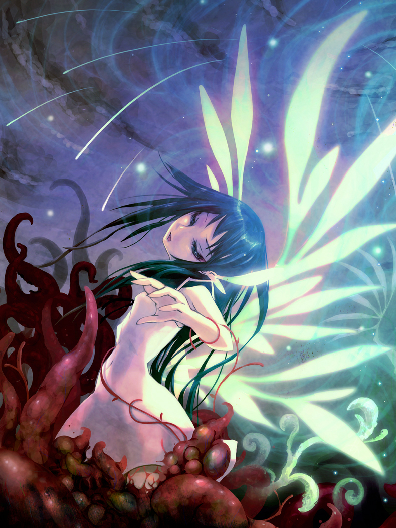 2010 funakura green_eyes green_hair long_hair meat night nitroplus nude saya_(saya_no_uta) saya_no_uta star tentacle wings