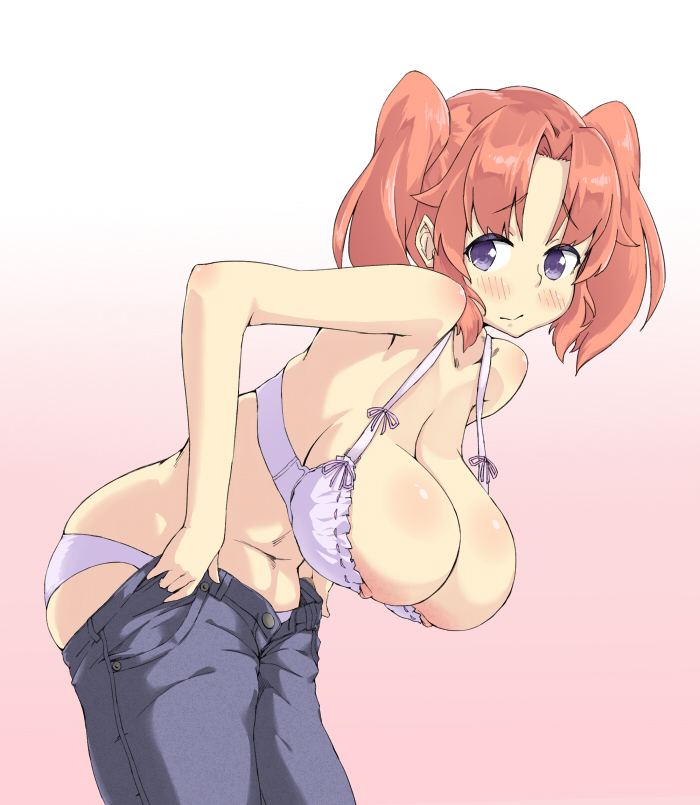 bent_over blue_eyes blush bra breasts bursting_breasts cleavage deep_cleavage female female_focus gradient gradient_background hanging_breasts huge_breasts leaning_forward looking_at_viewer mikakunin_de_shinkoukei nipple_slip nipples orange_hair panties purple_eyes sagging_breasts solo strap_gap tareme twintails two_side_up underwear undressing yonomori_kobeni zakoisuto