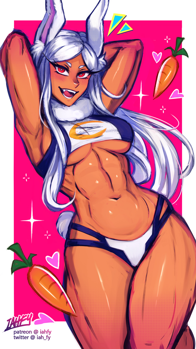 1girls abs armpit arms_behind_head arms_up big_breasts bunny_ears dark-skinned_female dark_skin female female_only fully_clothed iahfy licking_lips miruko muscular muscular_female my_hero_academia red_eyes revealing_clothes rumi_usagiyama solo tagme tongue underboob white_hair