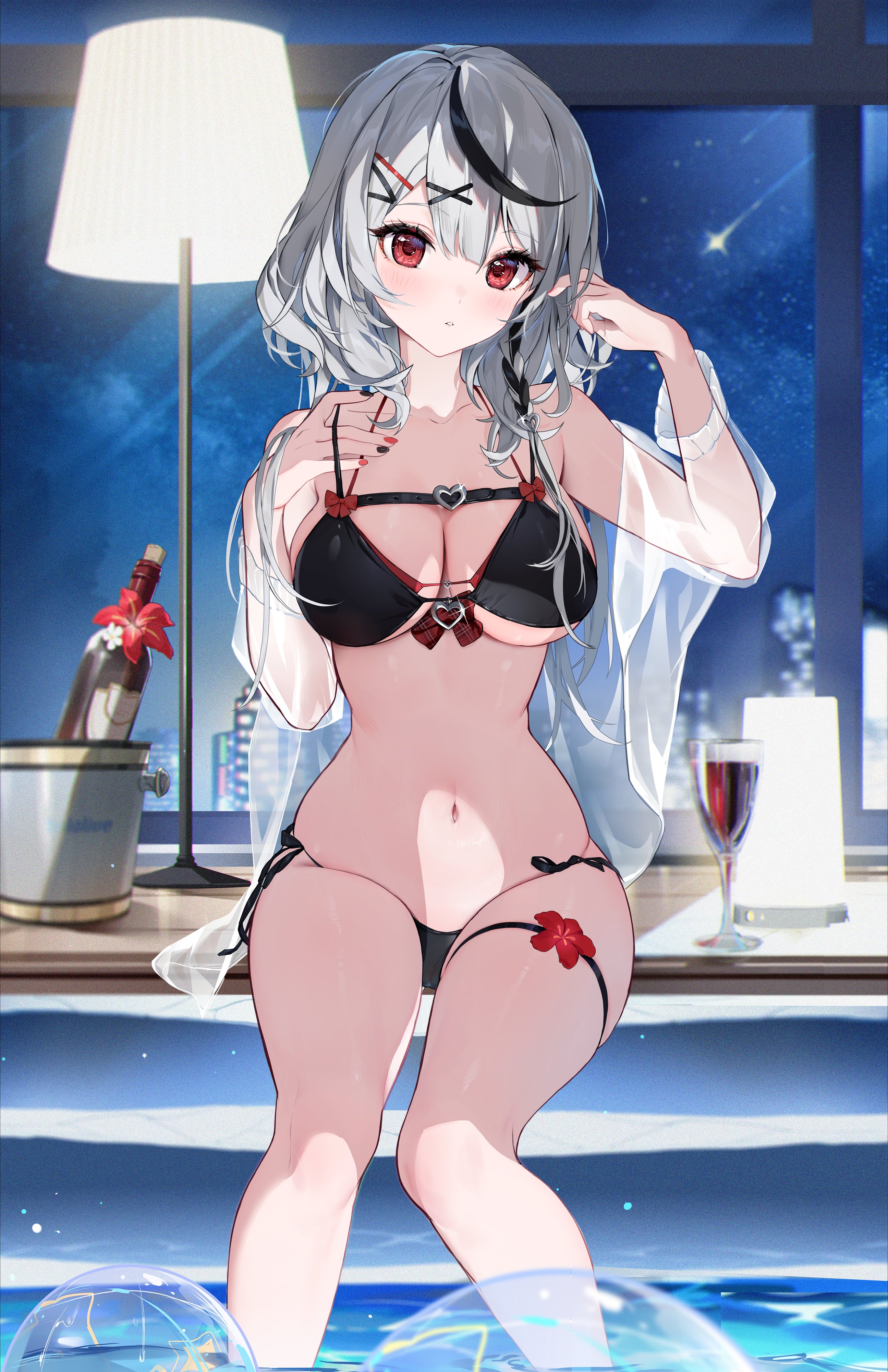 1girls, bikini, black nails, female, grey hair, hololive, hololive japan, holox, houkiboshi (mmjw7432), nail polish, pool, red eyes, red nails, sakamata chloe, skyline, swimsuit, transparent clothing, virtual youtuber, water, wine