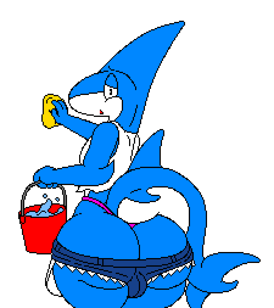 anthro ass balls_outline big_butt blue_body blue_skin bucket clothed clothing container digital_media_(artwork) fish genital_outline girly looking_at_viewer male marine nimble_(toongstar) pixel_(artwork) shark simple_background slutty_clothing solo thick_thighs toongstar wide_hips