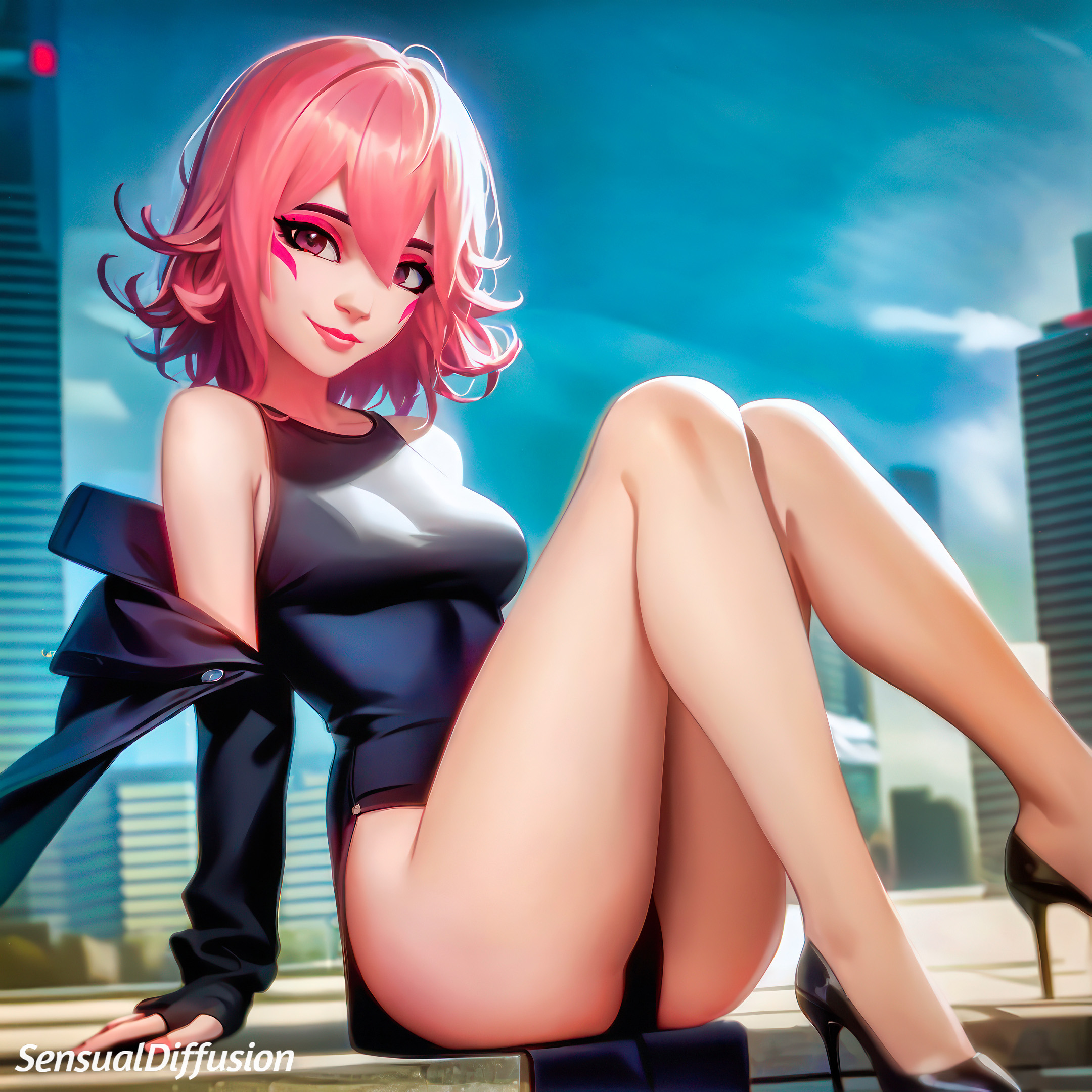 1girls, 2d, ai generated, bare legs, blizzard entertainment, city, face tattoo, fanart, female, fingerless gloves, hair between eyes, high heels, kiriko (overwatch), kiriko kamori, looking at viewer, off shoulder, one-punch man, outdoors, overwatch, overwatch 2, panties, pink hair, pinup, sensualdiffusion, short hair, sitting, skin, solo, stable diffusion, tatsumaki (cosplay), terrible tornado, terrible tornado kiriko, video games