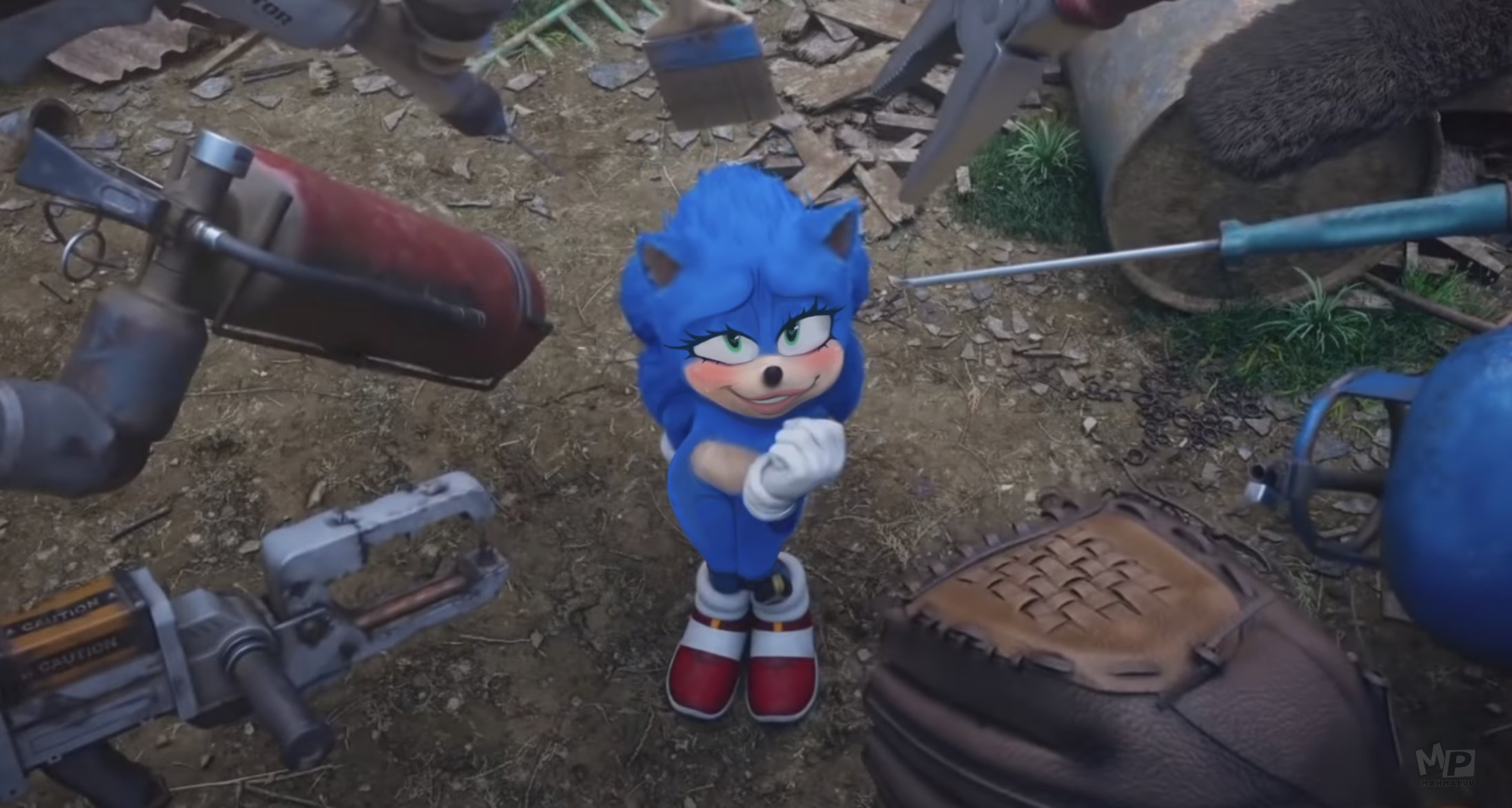 anthro, blue fur, edit, exposed torso, female, female only, footwear, green eyes, handwear, humanoid, mahmapuu, rule 63, screenshot, sonic (series), sonic drone home, sonic the hedgehog, sonic the hedgehog (film), sonic the hedgehog (series), sonique the hedgehog, thick thighs