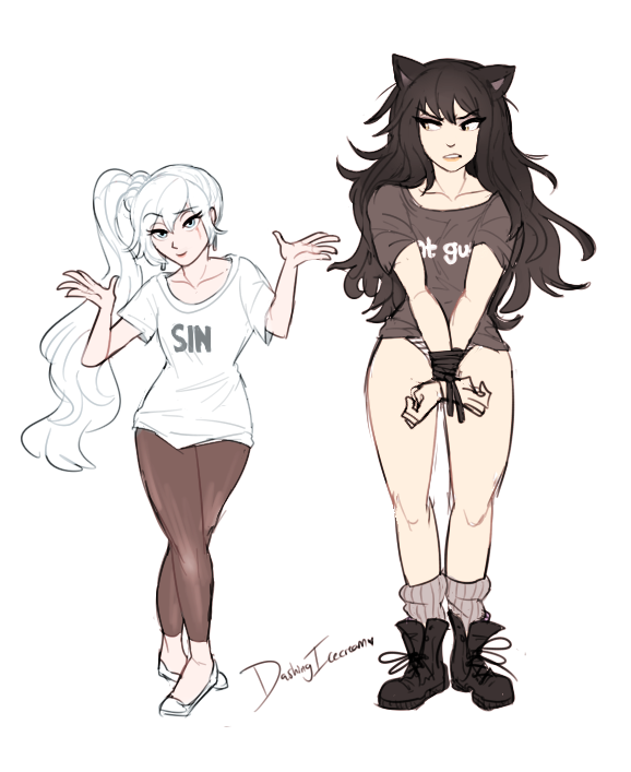 2girls angry black_hair blake_belladonna bondage boots bound bound_wrists cat_ears dashingicecream faunus female female_only femdom no_legwear panties restrained rwby socks t-shirt tight_clothing tight_leggings wavy_hair weiss_schnee white_background white_hair white_shirt